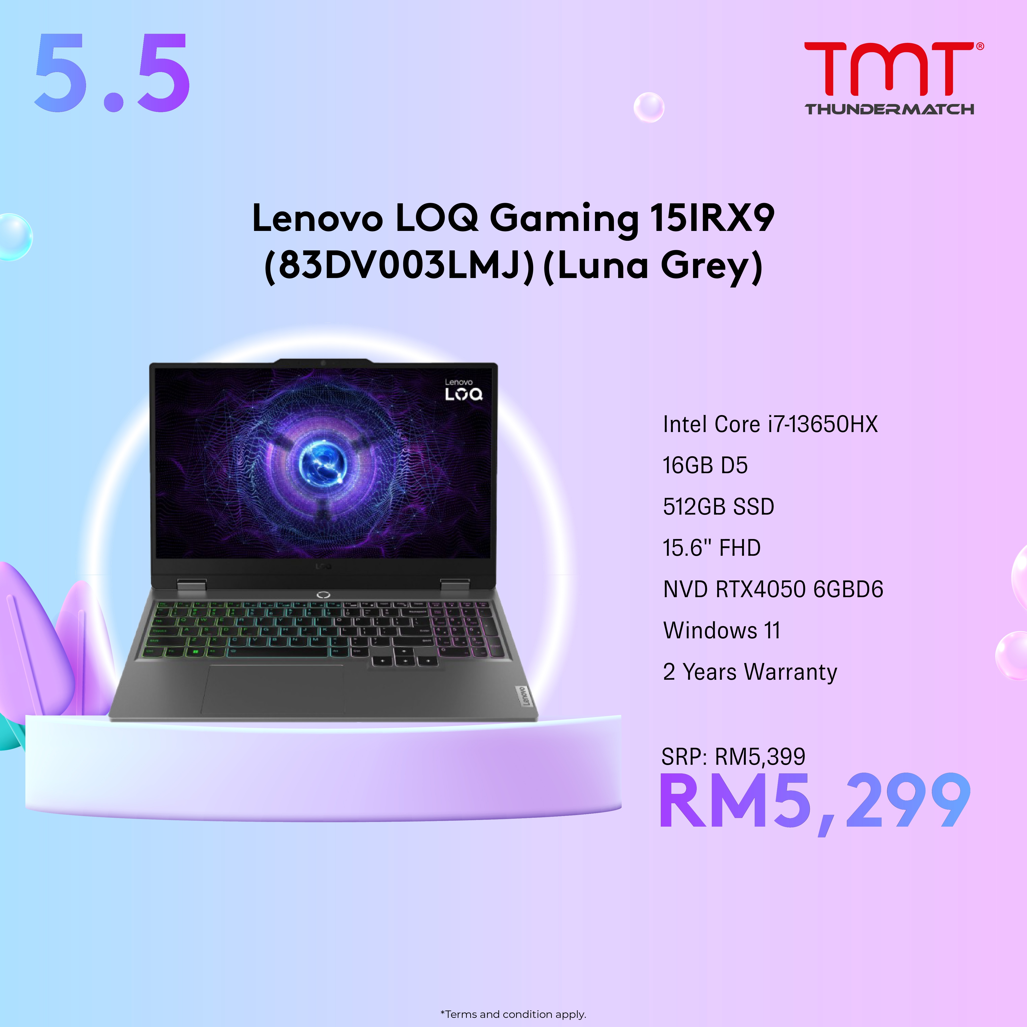 Lenovo LOQ Gaming 15IRX9 Gaming Laptop (83DV003LMJ) (Luna Grey) | i7-13650HX | 16GB RAM 512GB SSD | NVD RTX4050 6GB | 15.6''FHD | Win11 | 2Y Warranty