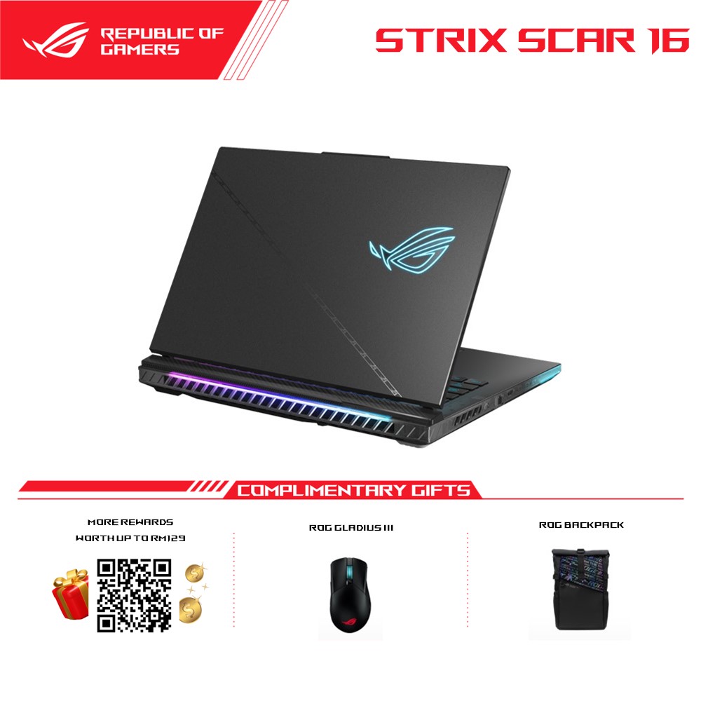 ASUS ROG Strix SCAR 16 G634J-ZRNM025WH Gaming Laptop | i9-14900HX | 32GB RAM 2TB SSD | 16''QHD+ 240Hz | RTX4080 | W11 | ROG BAG+ROG Gladius III Mouse P514+TYPE-C 100W Adapter