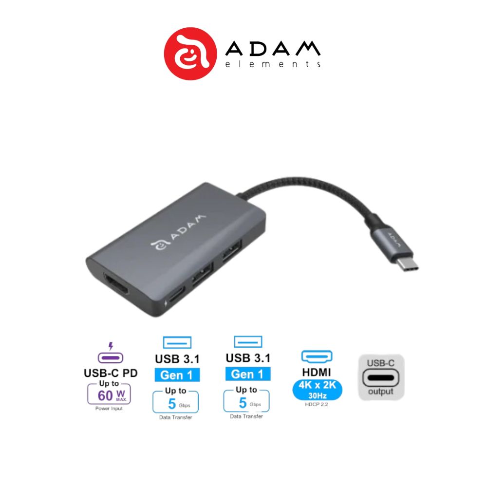 ADAM elements CASA HUB A01m USB-C 3.1 4 port Hub Grey | PD 60W Input