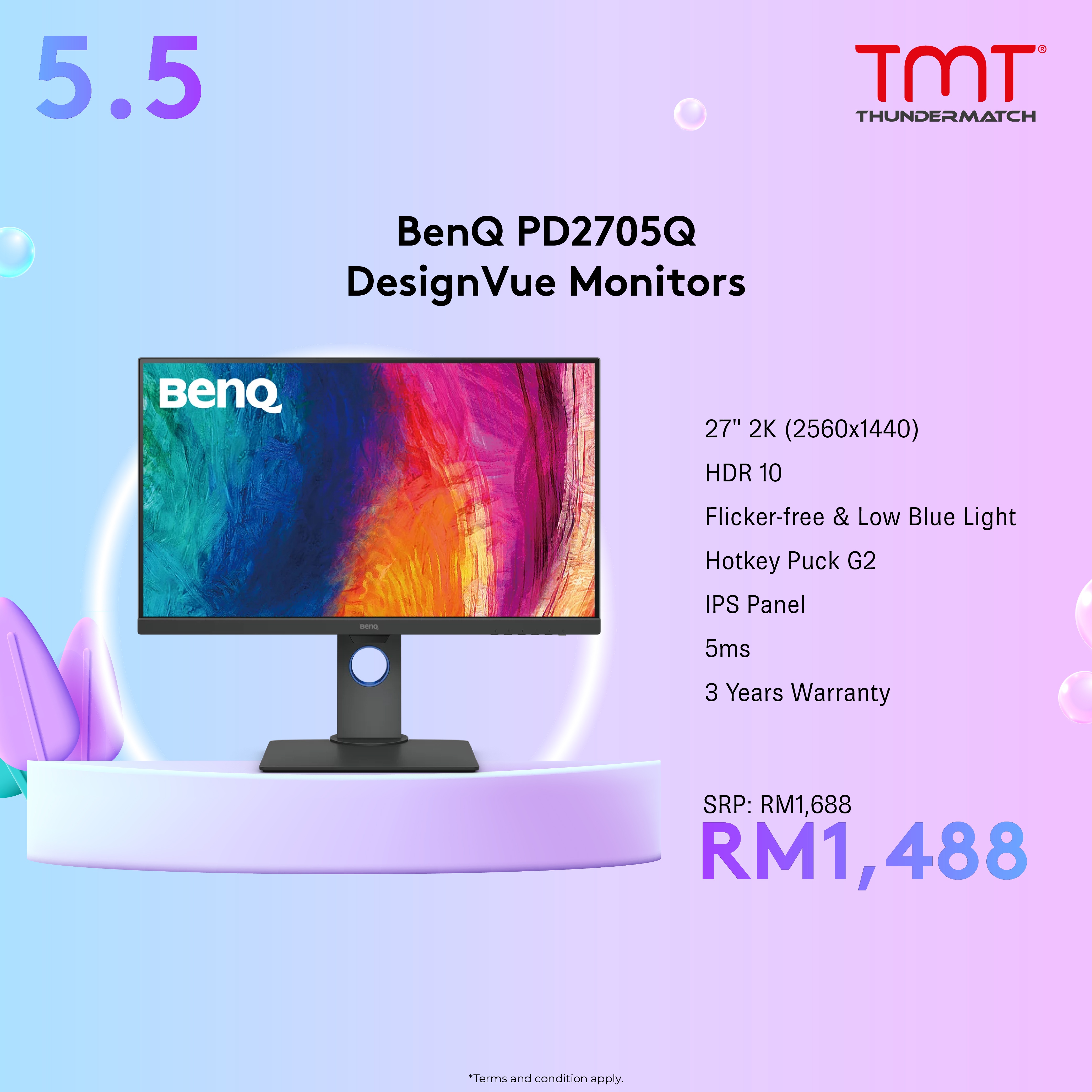 BenQ PD2705Q DesignVue Monitors | 27" | 5ms | IPS Panel | 2560x1440 (2K)(60Hz) | HDMI&DP | Build in Speaker | Height Adjustable Stand | Flicker-free & Low Blue Light | VESA | 3Y Warranty