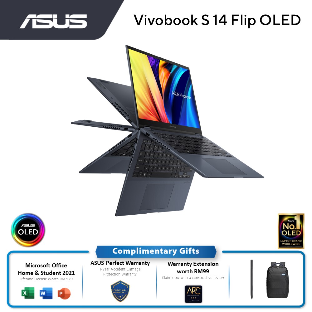 ASUS Vivobook Flip TN3402Y-AKN216WS 2 in 1 Laptop (Quiet Blue) | AMD Ryzen 7-7730U | 16GB RAM 512GB SSD | AMD Share | 14.0'' 2.8K (2880 x 1800) OLED 90Hz Touch | MS Office H&S | Win11 | 2Y Warranty | Free: Backpack + Stylus + USB-A to RJ45