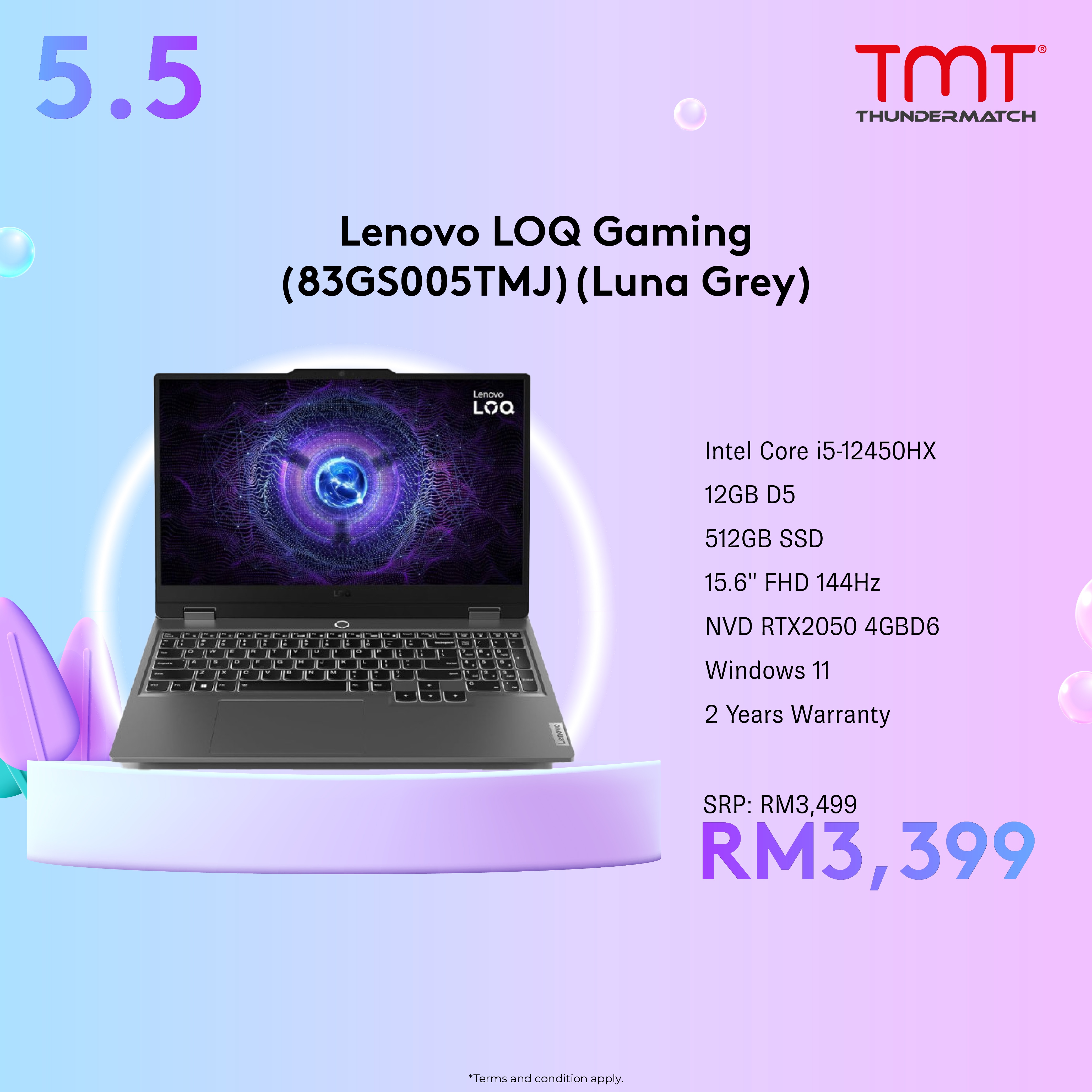 Lenovo LOQ Gaming Laptop (83GS005TMJ) (Luna Grey) | i5-12450HX | 12GB RAM 512GB SSD | 15.6" FHD(1920x1080) 144Hz | RTX2050 4GB | Win11 | 2Y Warranty