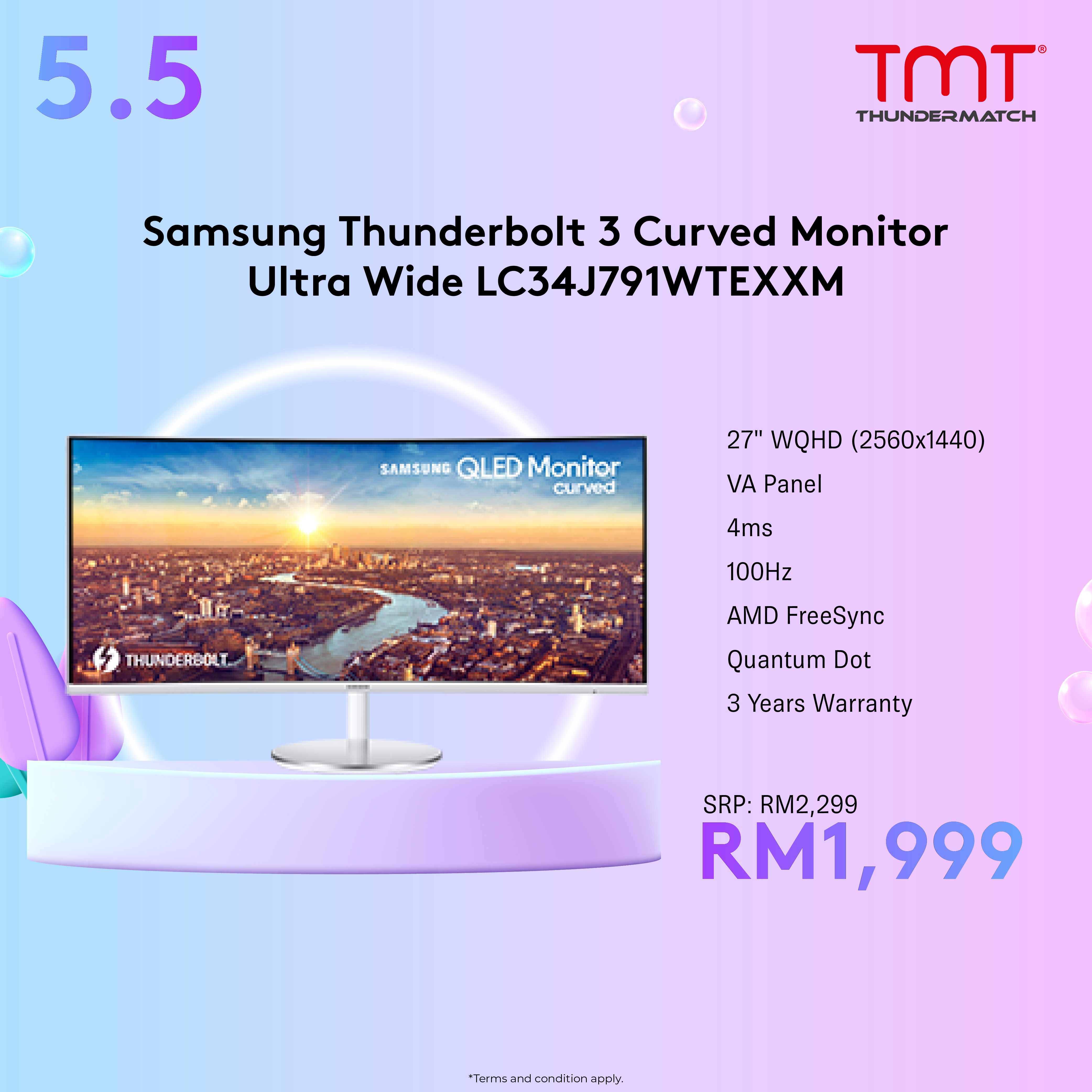 Samsung Thunderbolt 3 Curved Monitor Ultra Wide LC34J791WTEXXM | 34" | WQHD(3440x1440) | VA Panel | 4ms | 100Hz | DP&HDMI | Thunderbolt 3 x2(Port 1 - 85W/Port 2 -15W) | Quantum Dot | AMD FreeSync | VESA 100x100 | 3Y Warranty