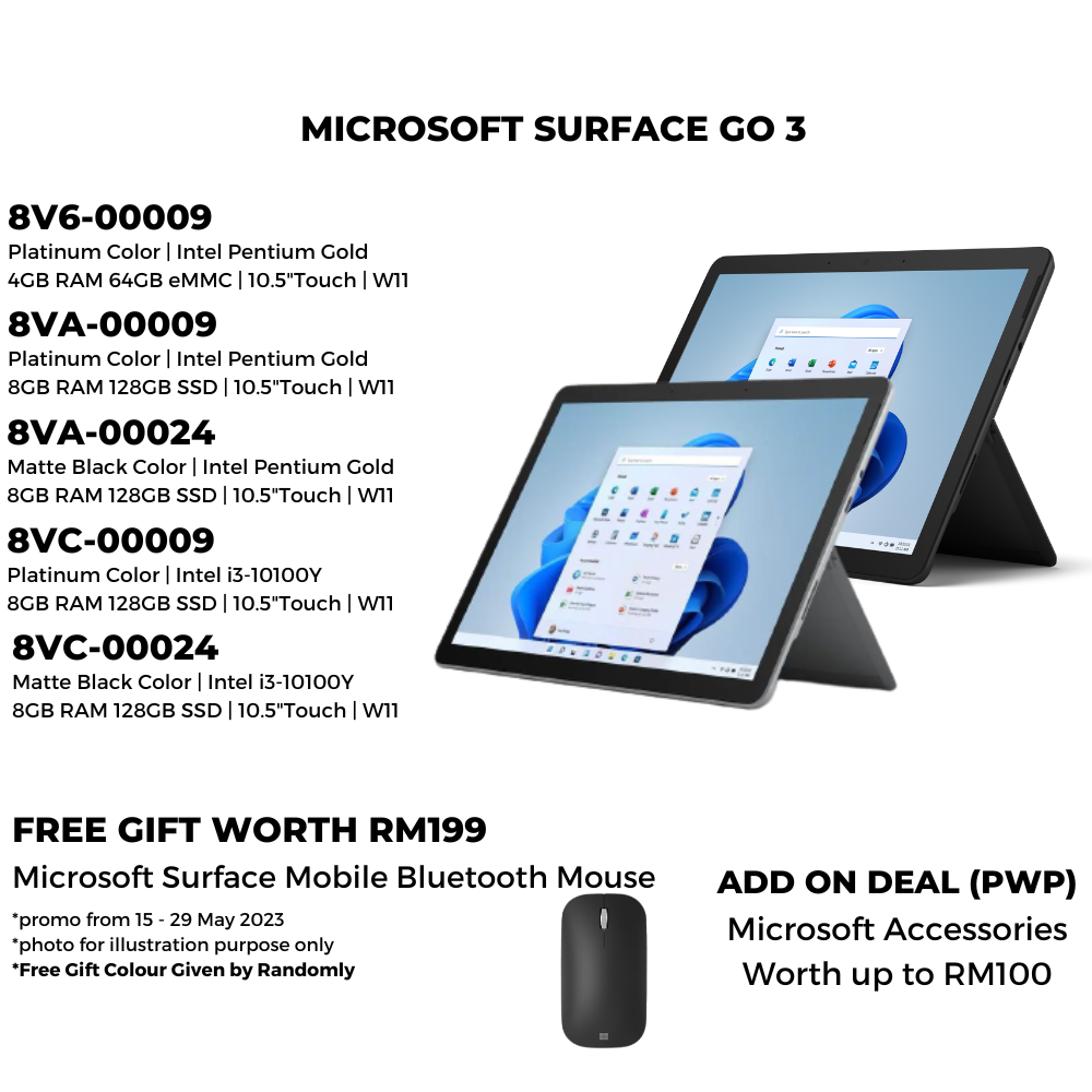 [CLEARANCE] Microsoft Surface GO 3 Platinum / Black | 1 Year Warranty + Free Mobile Bluetooth Mouse worth RM199