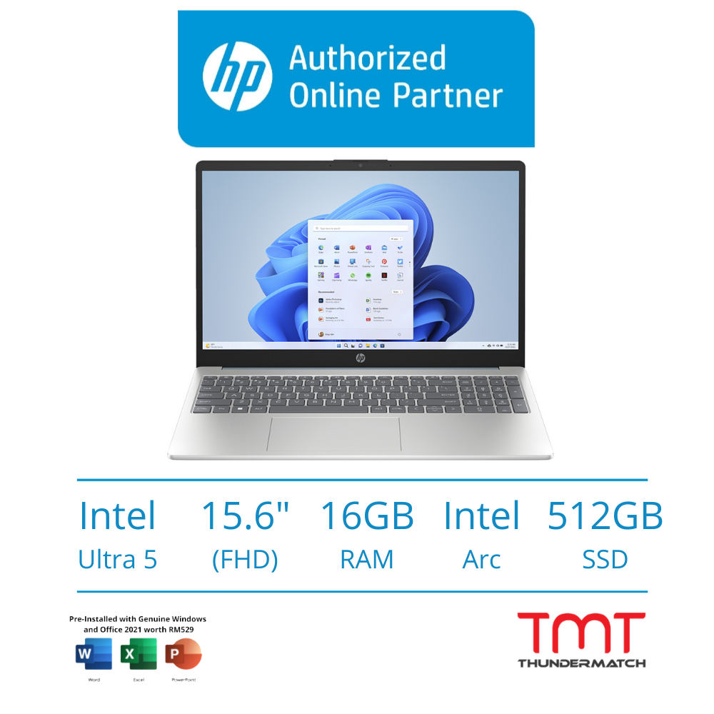  HP 15-fd1102TU/ fd1104TU | Intel Core Ultra 5 125H | 16GB RAM 512GB SSD | 15.6"FHD(1920x1080) | Intel Arc | MS Office H&S 2021 | Win11 | 2Y Warranty