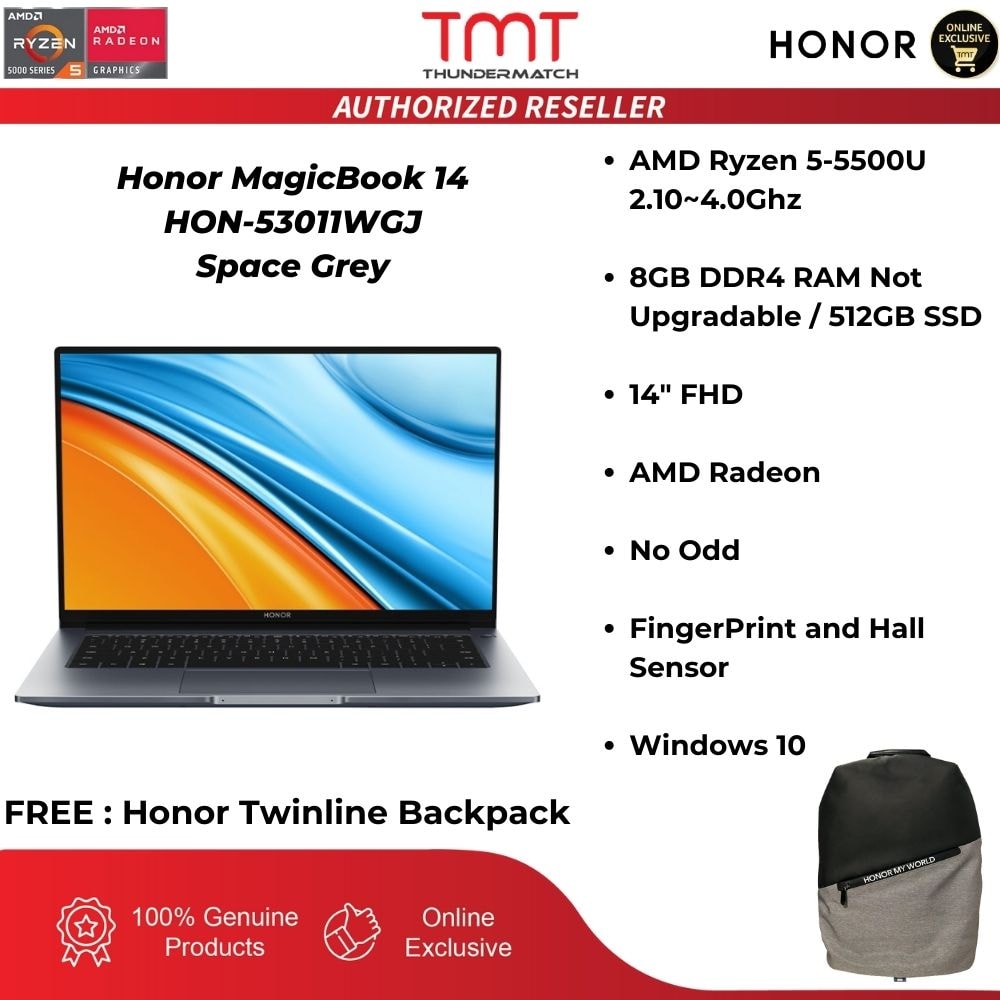 Honor MagicBook 14 HON-53011WGJ Space Grey Laptop | AMD Ryzen 5-5500U | 8GB RAM 512GB SSD | 14" FHD | FingerPrint+Sensor W10 | BAG