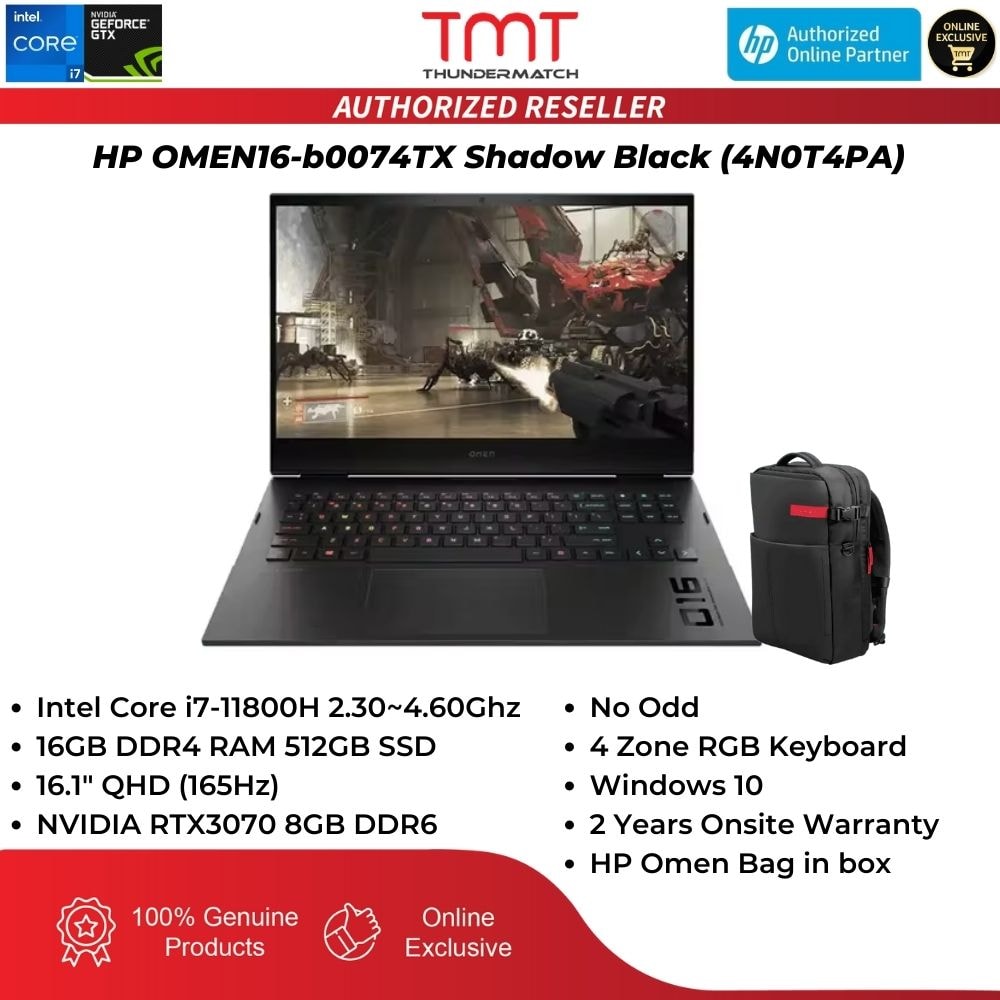 HP OMEN 16-b0074TX 4N0T4PA Gaming Laptop | i7-11800H | 16GB RAM 512GB SSD | 16.1"QHD 165Hz | NVIDIA® GeForce RTX™ 3070 | 4Z RGB | W10 | BAG