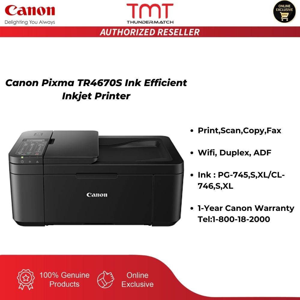 [CLEARANCE] Canon Pixma TR4670S Ink Efficient Inkjet Printer | Print,Scan,Copy,Fax | Wifi, Duplex, ADF | 1 Year Warranty