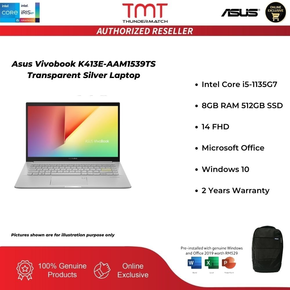 Asus Vivobook K413E-AAM1539TS Transparent Silver Laptop | Intel Core i5-1135G7 | 8GB RAM 512GB SSD | 14 FHD | W10 | FREE MS Office+Bag