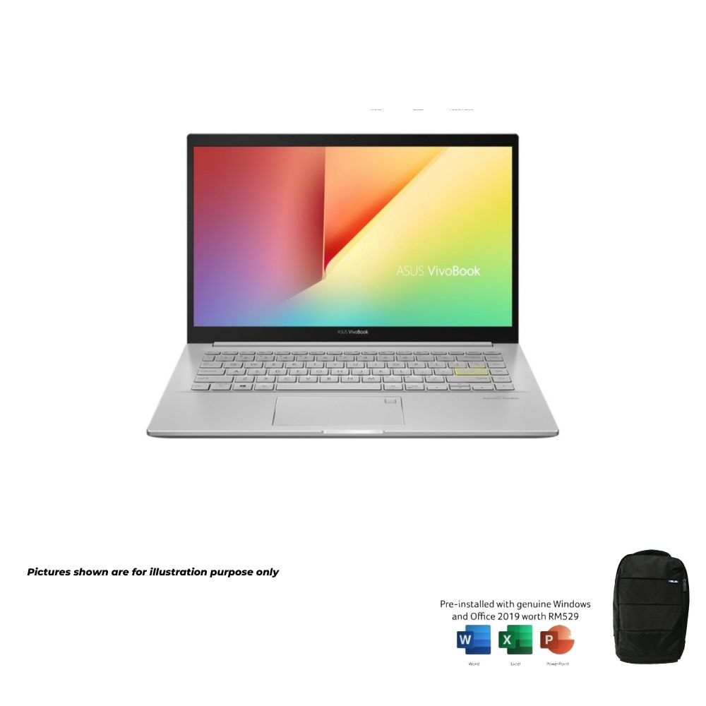 Asus Vivobook K413E-AAM1539TS Transparent Silver Laptop | Intel Core i5-1135G7 | 8GB RAM 512GB SSD | 14 FHD | W10 | FREE MS Office+Bag