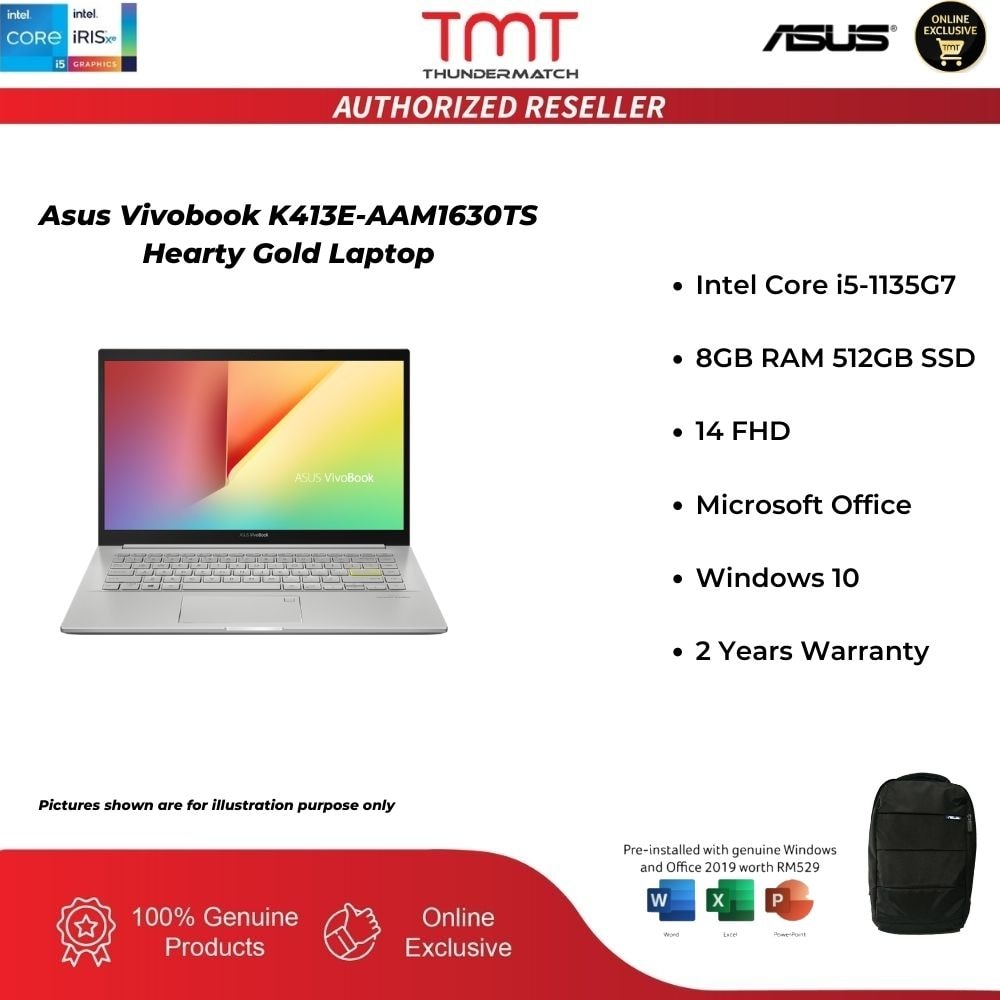 Asus Vivobook K413E-AAM1630TS Hearty Gold Laptop | Intel Core i5-1135G7 | 8GB RAM 512GB SSD | 14 FHD | W10 | FREE MS Office+Bag