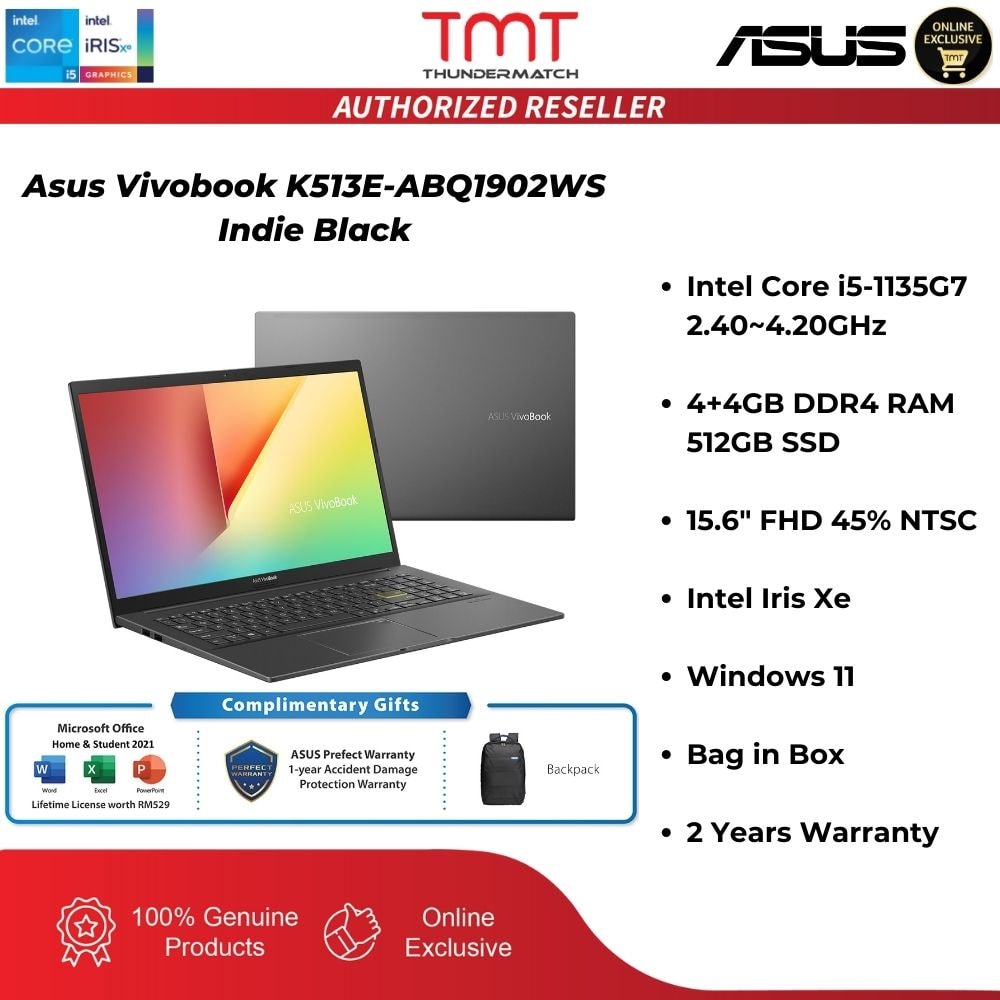 Asus Vivobook K513E-ABQ1902WS Indie Black Laptop | i5-1135G7 | 8GB RAM 512GB SSD | 15.6" FHD | Intel Iris Xe | W11 | MS OFFICE+BAG