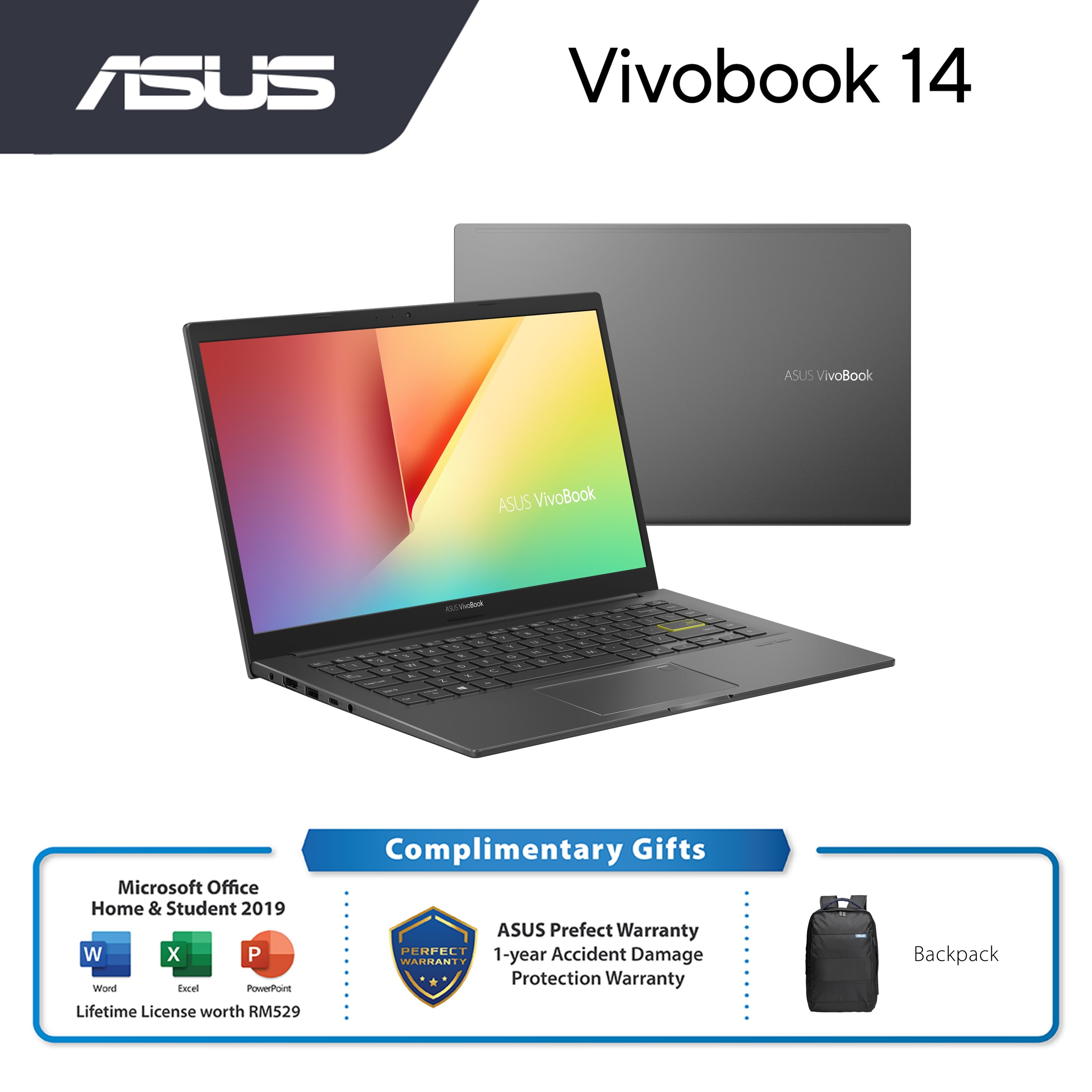 Asus Vivobook K413E-AEB1444TS /5TS /6TS Laptop | i5-1135G7 | 8GB RAM 512GB SSD | 14" FHD | Intel Iris Xe | W10 | MS OFFICE + BAG