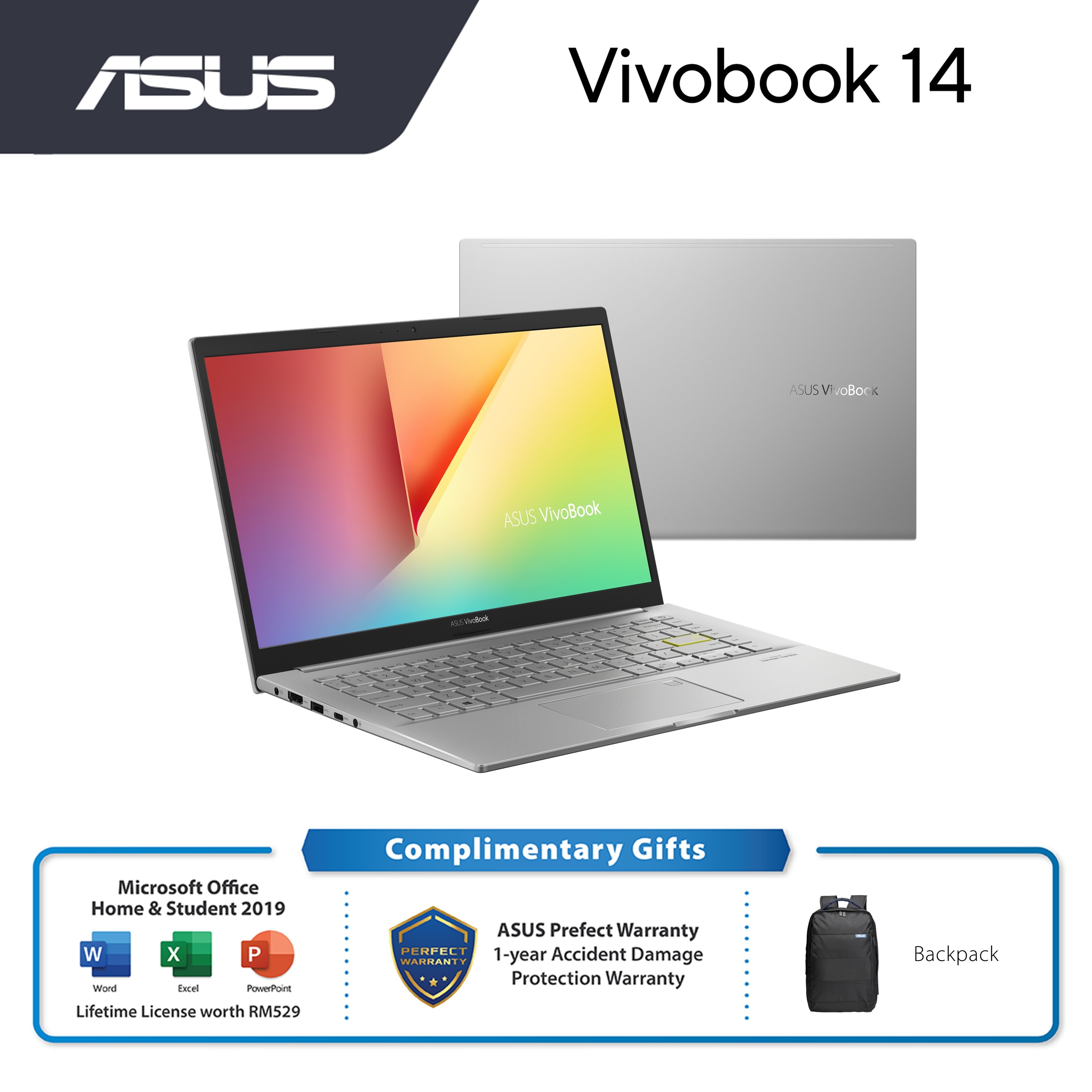 Asus Vivobook K413E-AEB1444TS /5TS /6TS Laptop | i5-1135G7 | 8GB RAM 512GB SSD | 14" FHD | Intel Iris Xe | W10 | MS OFFICE + BAG