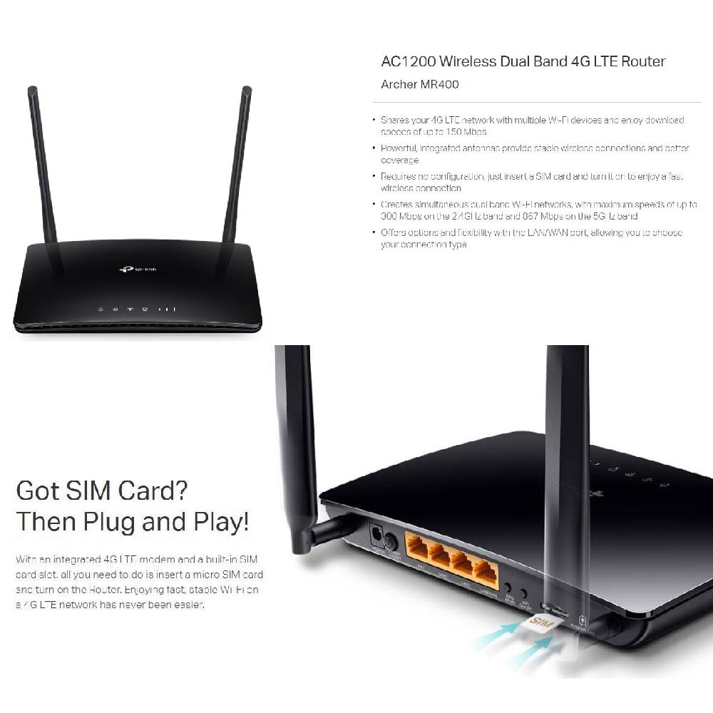 TP-Link Archer MR400 DualBand 4G LTE Router - AC1200 / Sim Slot