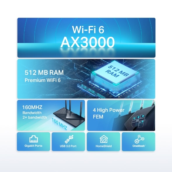 TP-Link Archer AX55 Dual Band Gigabit Wifi 6 Router - AX3000/574 Mbps + 2402 Mbps (3 Years Warranty)