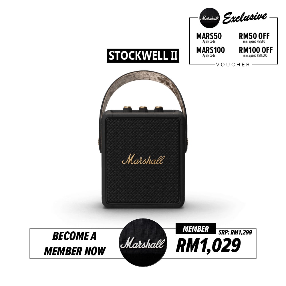 Marshall Stockwell II Portable Bluetooth Speaker - Black & Brass (1 Year Warranty)