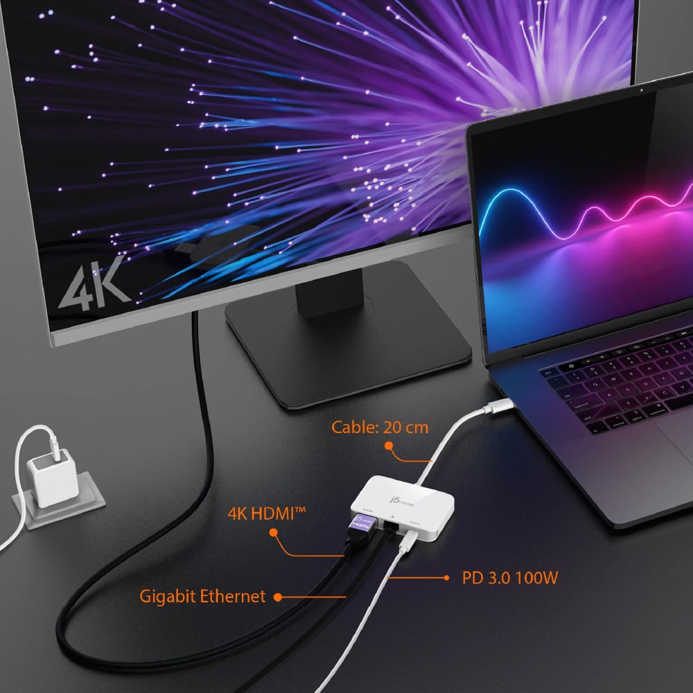 J5Create USB-C to 4K HDMI™ Ethernet Adapter with 100W PD (JCA351)