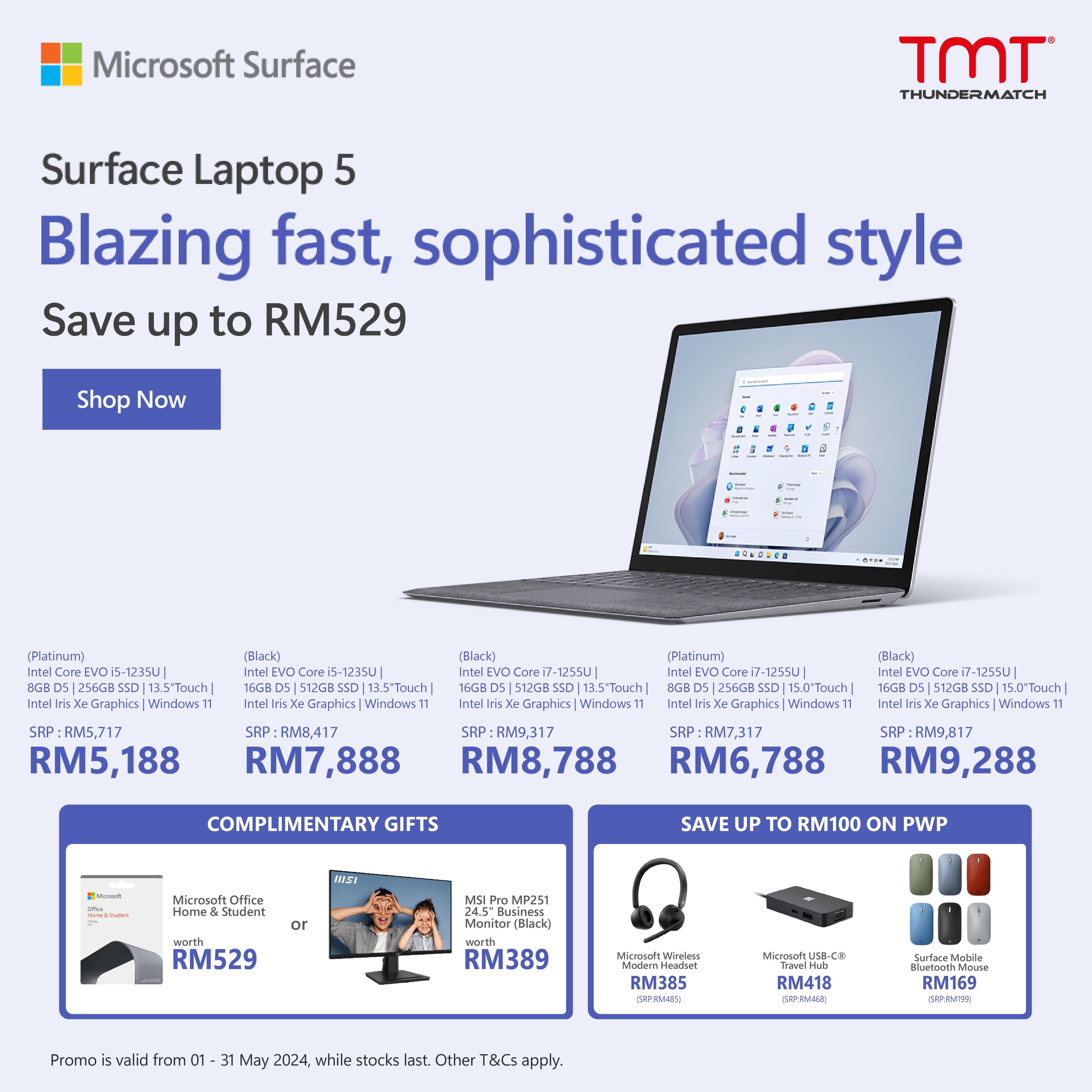 Microsoft Surface Laptop 5 ( Platinum / Black ) 13.5" / 15" Touch + Free Microsoft Office Home & Student 2021 Worth RM529
