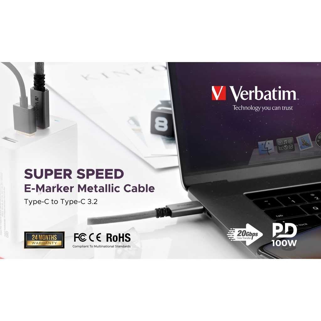 Verbatim Sync & Charge E Marker Metallic Type-C Cable 1m | USB 3.2