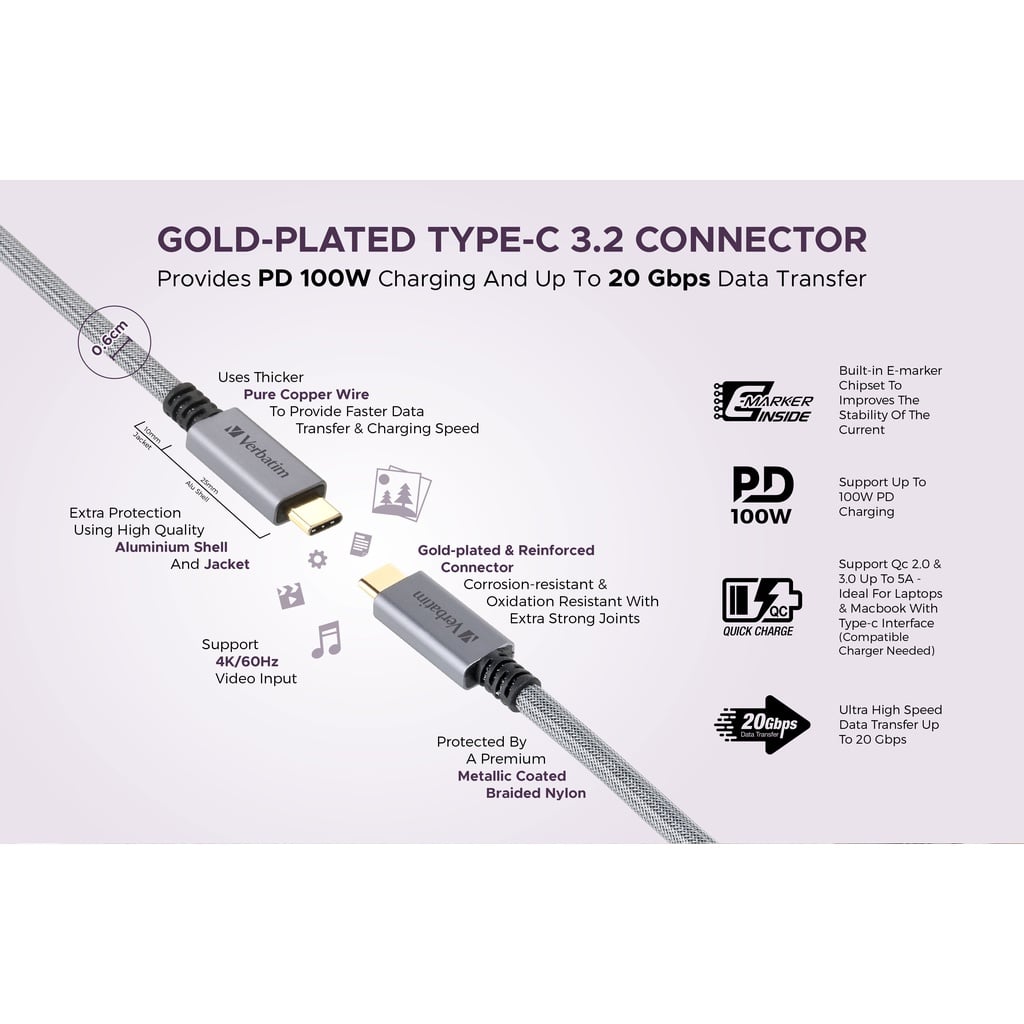 Verbatim Sync & Charge E Marker Metallic Type-C Cable 1m | USB 3.2