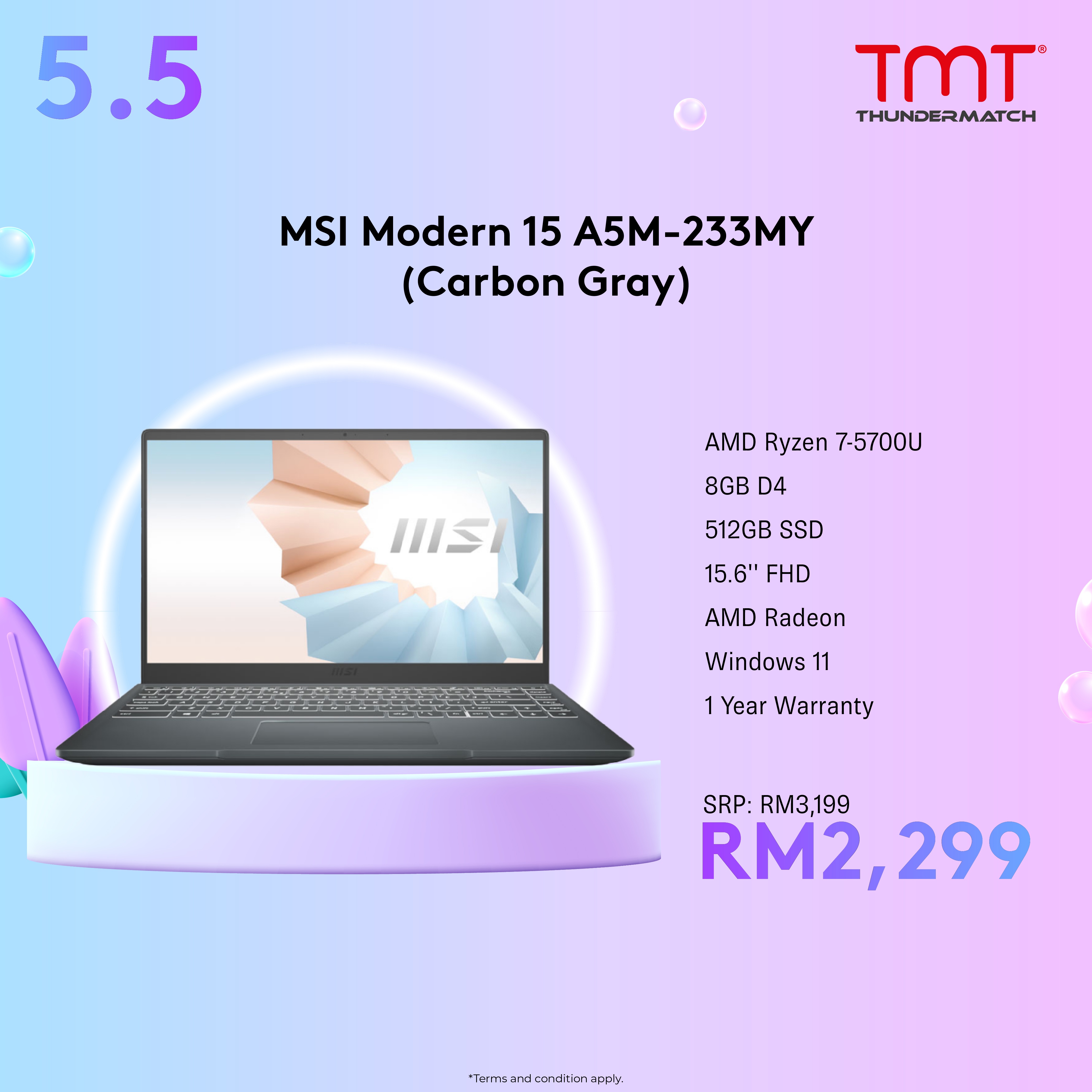 MSI Modern 15 A5M-233MY Laptop | AMD Ryzen 7 5700U | 8GB Ram/512GB SSD | 15.6' 'FHD/AMD Radeon Graphics | W11 | 1-Y Warranty