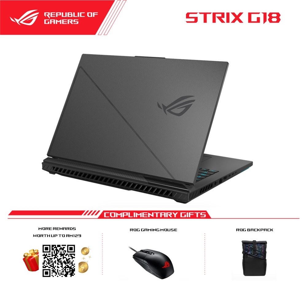Asus ROG Strix G18 G814J-IN6068W Gaming Laptop Eclipse Gray | i9-13980HX | 32GB RAM 1TB SSD | 18"QHD+ 240Hz | NVD RTX4070 | Win11 | 2Y Warranty (ROG backpack+ ROG Impact Gaming Mouse)