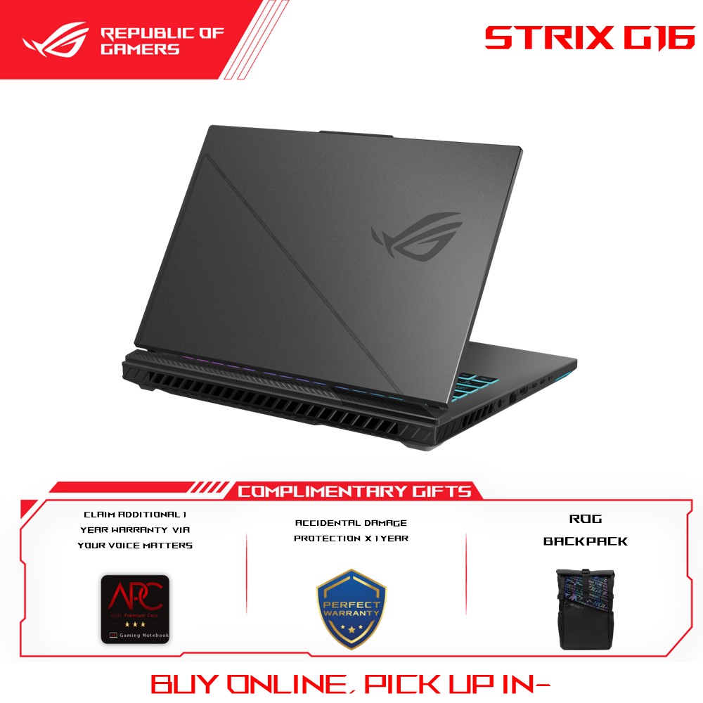Asus ROG Strix G16 2023 G614J-UN3114W Gaming Laptop Eclipse Gray | i7-13650HX | 16GB RAM 512GB SSD | 16"FHD+ (1920x1200) 165Hz | RTX4050 | Win11 | 2Y Warranty