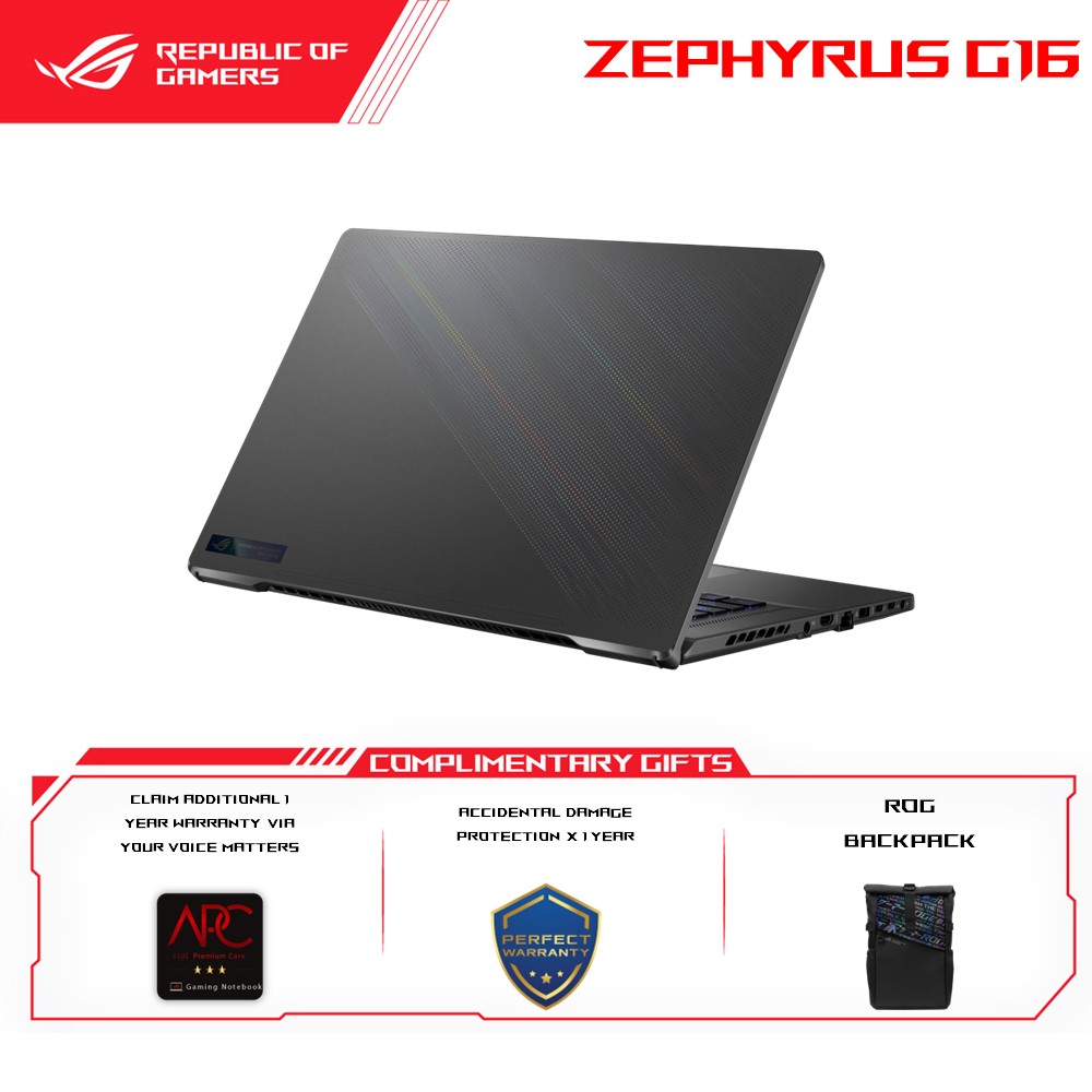 Asus ROG Zephyrus G16 2023 GU603Z-UN3007W Gaming Laptop Eclipse Gray | i7-12700H | 16GB RAM 512GB SSD | 16"FHD+ (1900x1200) 165Hz | RTX4050 | Win11 | 2Y Warranty