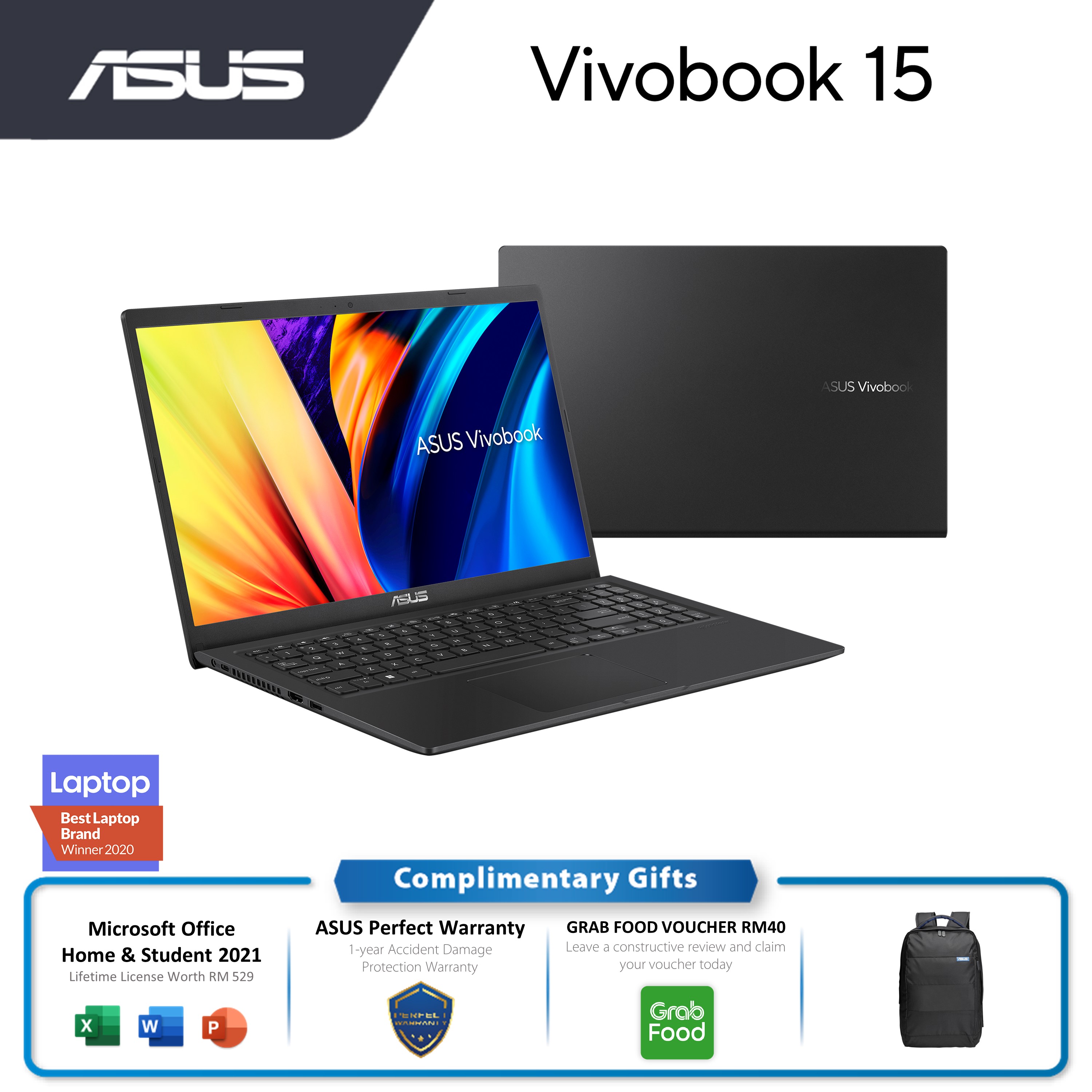 ASUS VivoBook A1500E-ABQ2682WS Laptop INDIE BLACK | i7-1165G7 | 8GB RAM 512GB SSD | 15.6''FHD | Intel Share | MS H&S 2021+Win11/2Y Warranty