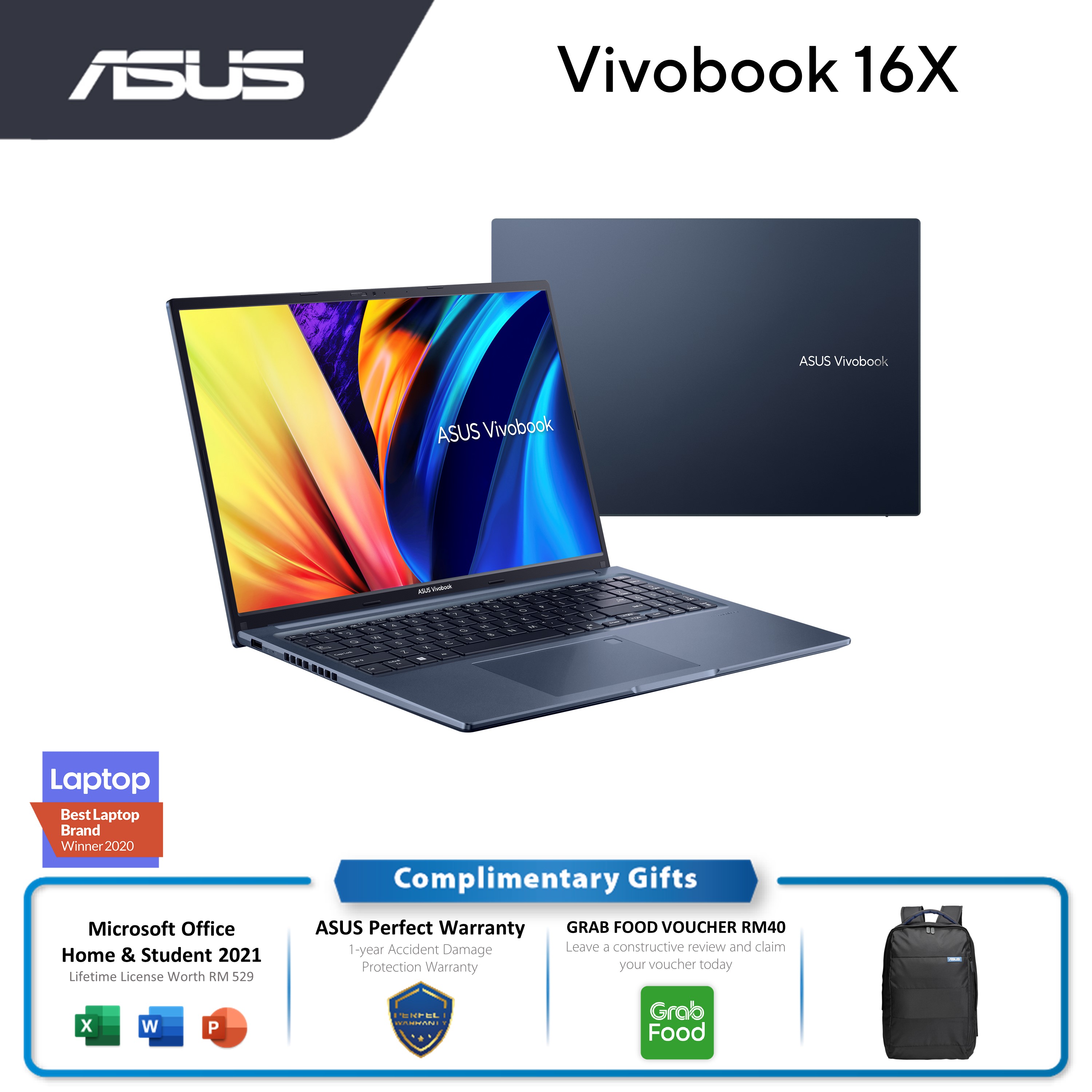 Asus Vivobook 16X M1603Q-AMB098WS Laptop Quiet Blue | AMD R5-5600H | 8GB RAM 512GB SSD | 16.0"WUXGA | AMD Share | MS Office H&S+Win11 | 2Y Warranty