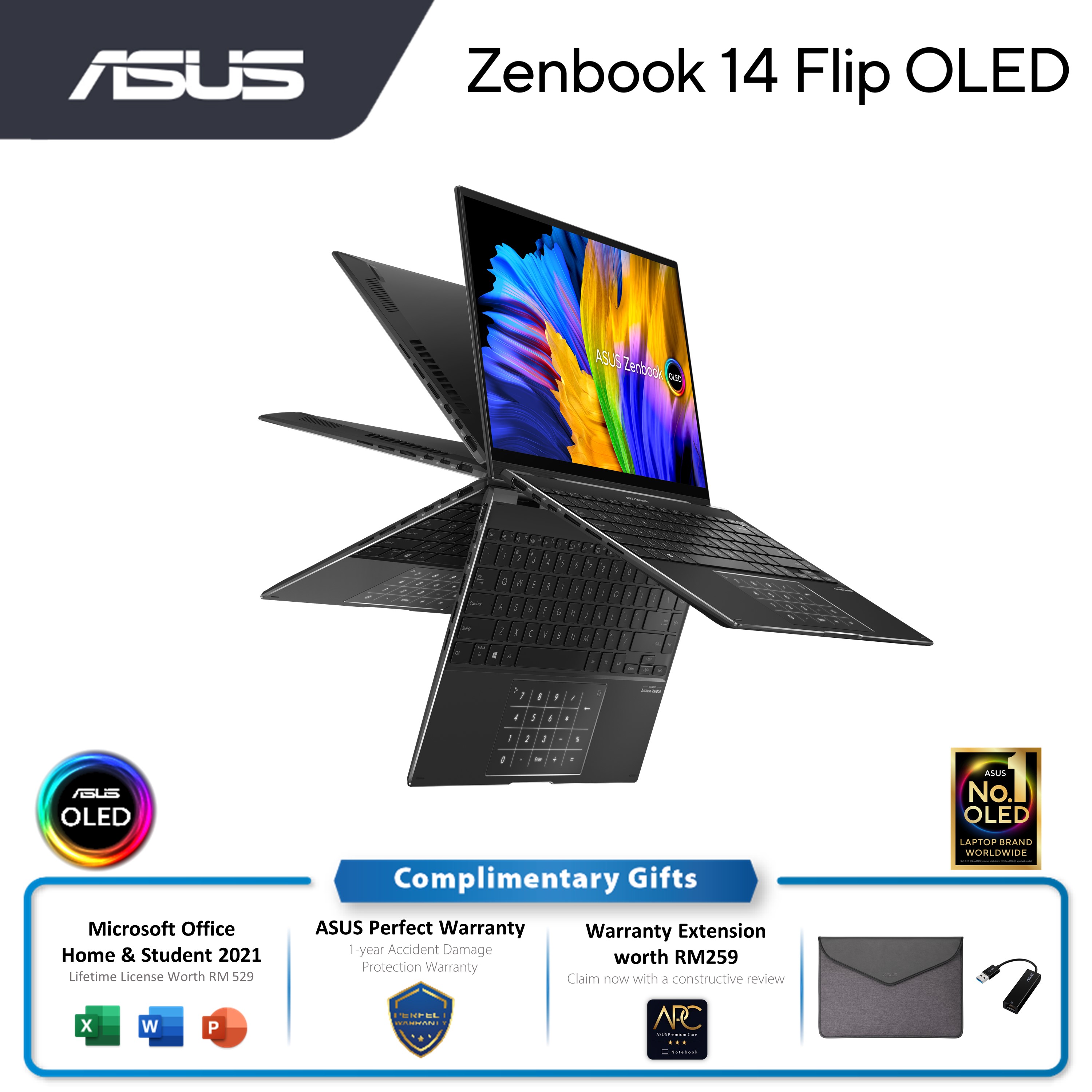 Asus ZenBook Flip UN5401Q-AKN170WS 2 in 1 Laptop Jade Black | AMD Ryzen 7-5800H | 16GB RAM 512GB SSD | 14.0" Touch 2.8k OLED | AMD Share | MS Office H&S + Windows 11 | 2Y Warranty
