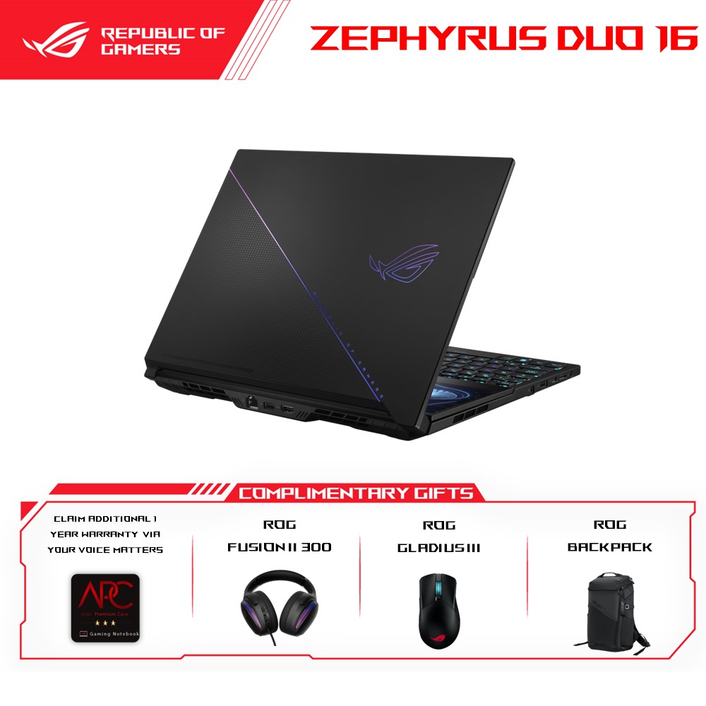 ASUS ROG Zephyrus Duo 16 2023 GX650P-ZNM010WH Gaming Laptop | AMD Ryzen 9 7945HX | 32GB RAM 1TB SSD | RTX4080 | 16''QHD+ WQXGA 240Hz | Win11 | 2Y Warranty
