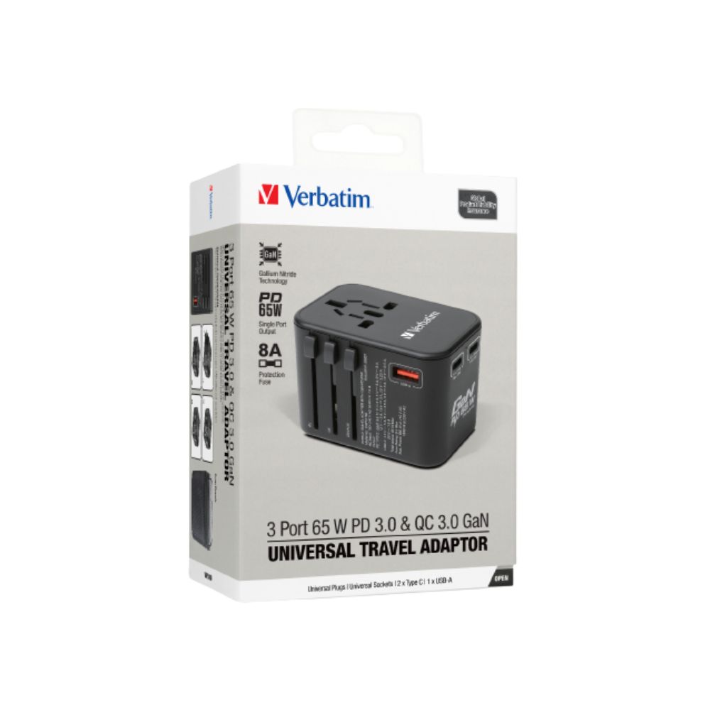 Verbatim 3 Port 65W PD 3.0 & QC 3.0 GaN Universal Travel Adaptor