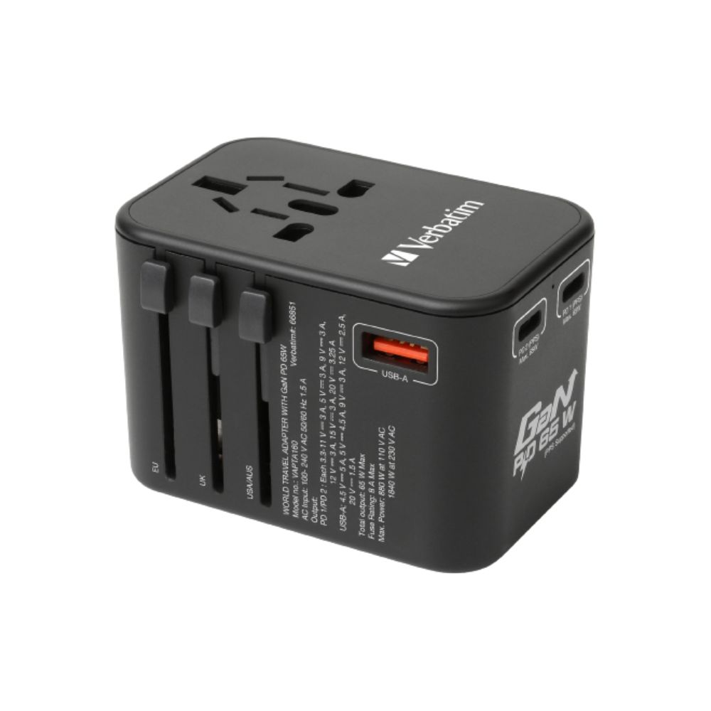 Verbatim 3 Port 65W PD 3.0 & QC 3.0 GaN Universal Travel Adaptor