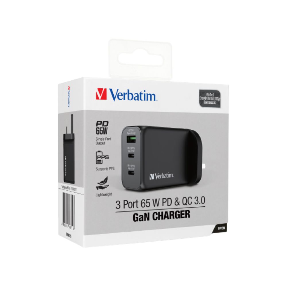 Verbatim 3 Ports 65W GaN Charger with PD & QC3.0