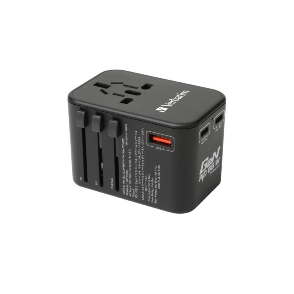 ?Open Box?Verbatim 3 Port 65W PD 3.0 & QC 3.0 GaN Universal Travel Adaptor