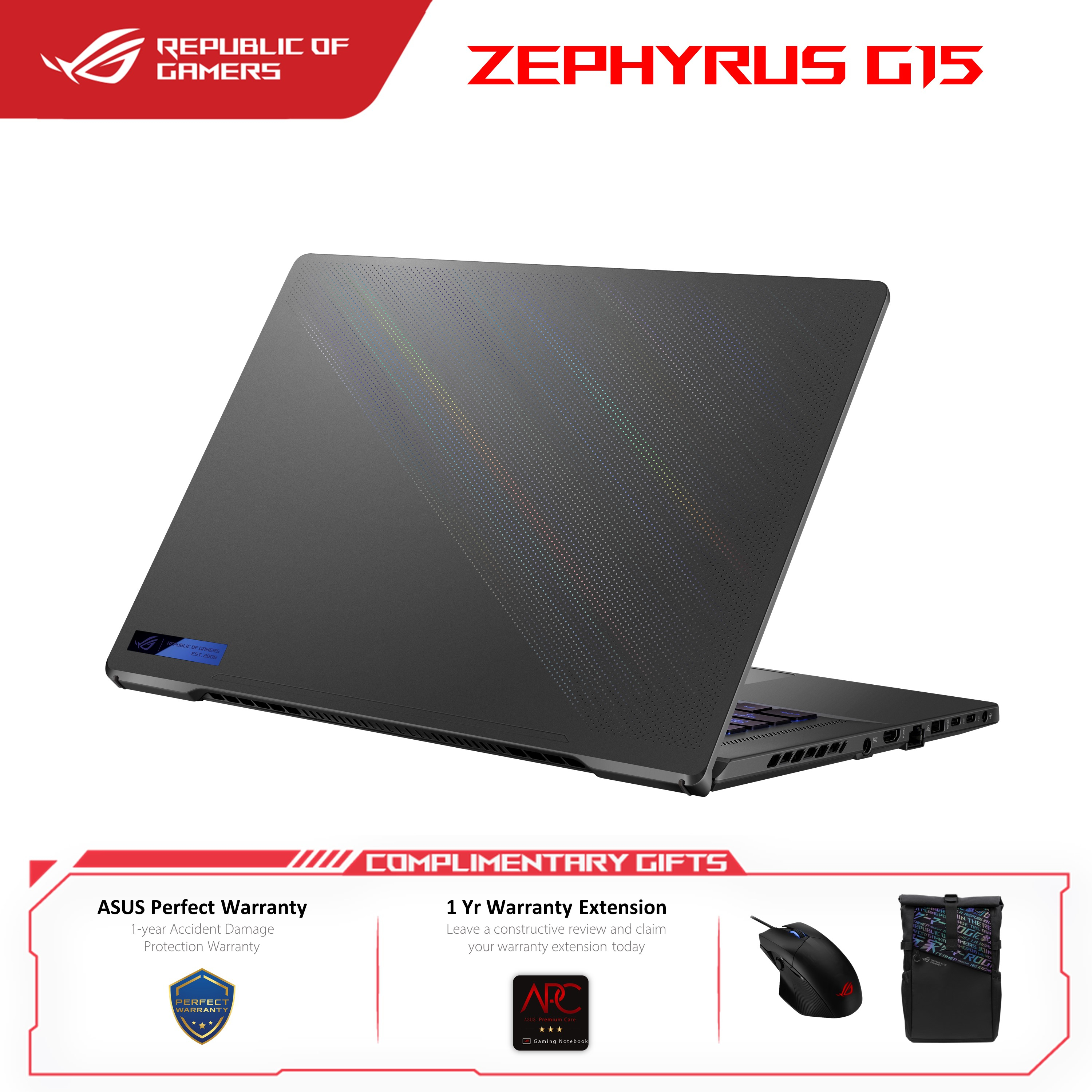 Asus ROG Zephyrus G15 GA503R-WLN102W Gaming Laptop (Eclipse Gray) | AMD Ryzen 7-6800H | 32GB RAM 1TB SSD | 15.6''QWHD 240Hz | NVD RTX3070Ti | Win11 | 2Y Warranty (Free: ROG Backpack+ROG P511 ROG CHAKRAM CORE Mouse+100W Type-C Power Adapter)