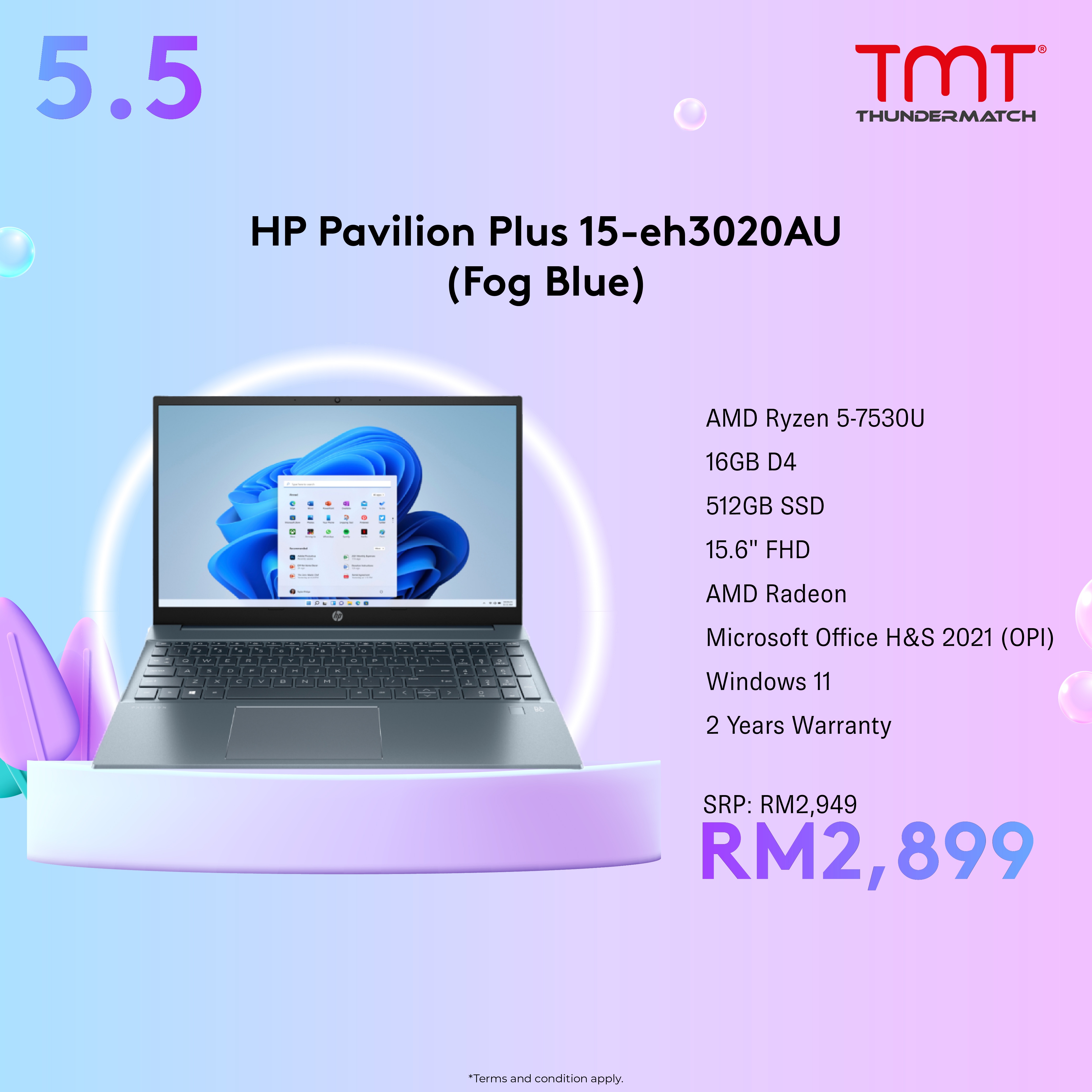 HP Pavilion 15-eh3020AU/ eh3021AU Laptop | AMD Ryzen 5 7530U | 16GB RAM 512GB SSD | 15.6" FHD(1920x1080) | AMD Radeon | MS Office H&S | Win11| 2Y Warranty