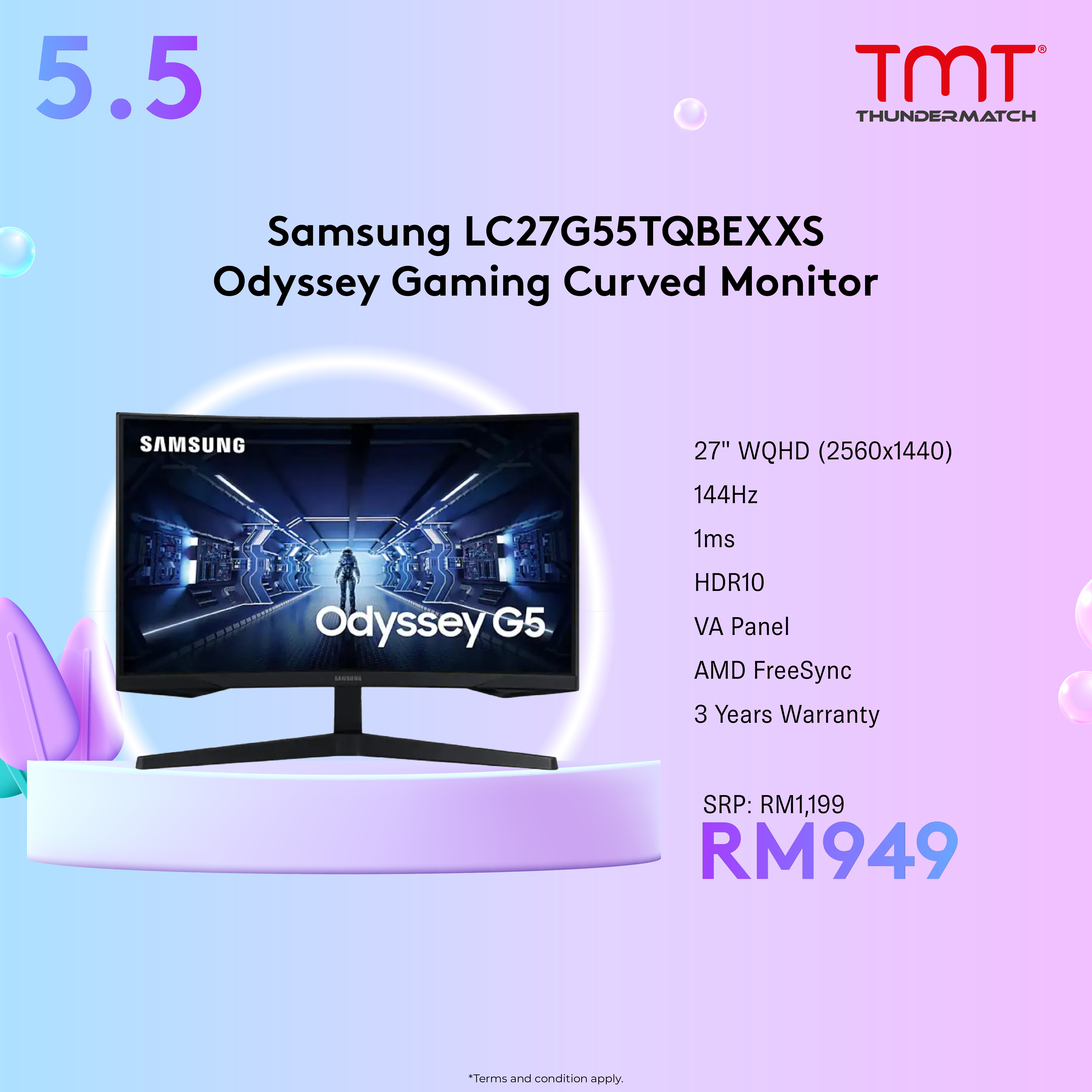 Samsung LC27G55TQBEXXS Odyssey 27" Gaming Curved Monitor | WQHD(2560x1440) | 144Hz | 1ms | VA Panel | HDR10 | HDMI & DP | AMD FreeSync | VESA(75x75) | 3Y Warranty