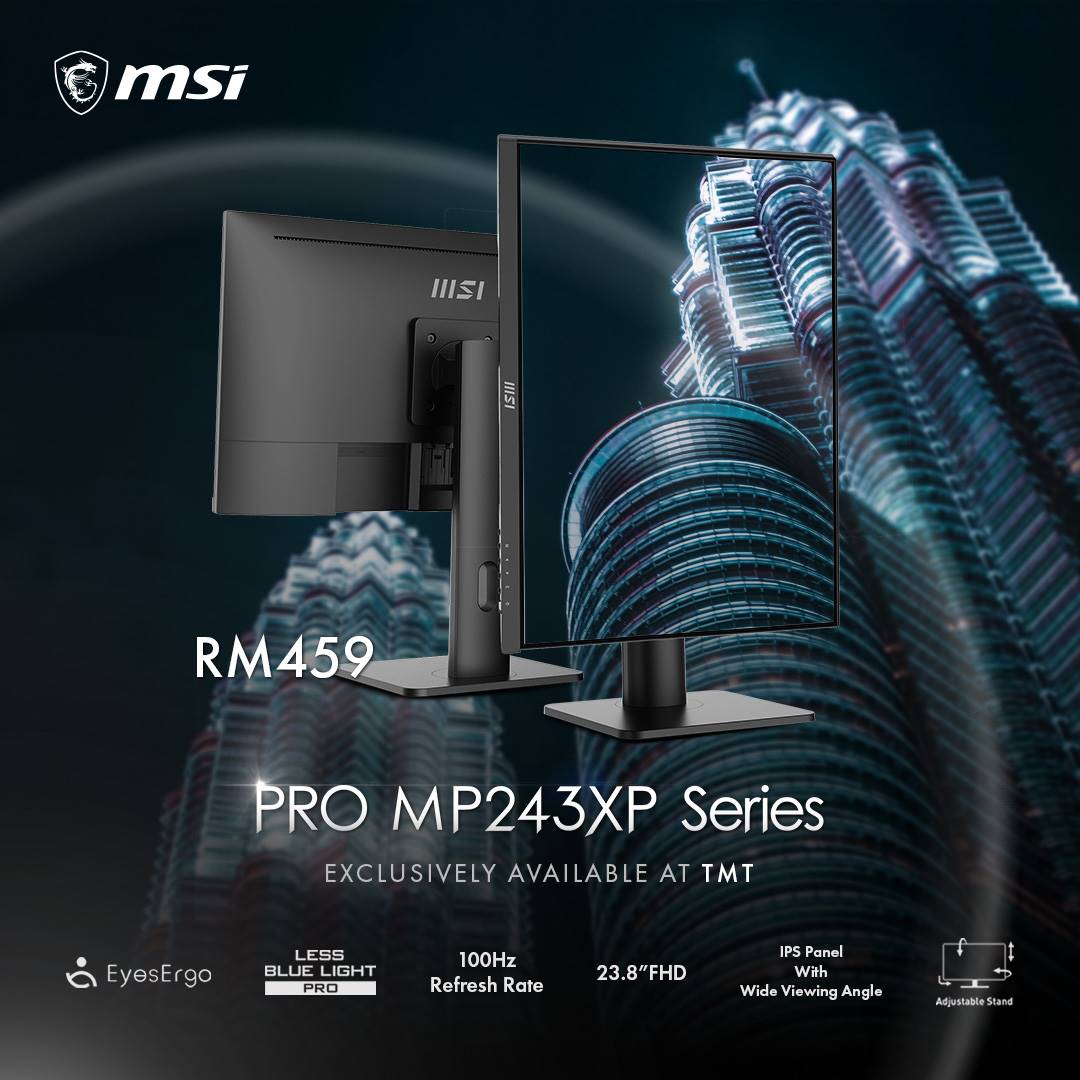 MSI PRO MP243XP 23.8" Monitor (Black) | 1ms (MPRT) | 100Hz | 1920x 1080 FHD | Flat | IPS Panel | Adjustable Height & Pivot | VESA | HDMI & DP | Adaptive Sync | 119% Color Gamut | 3Y Warranty