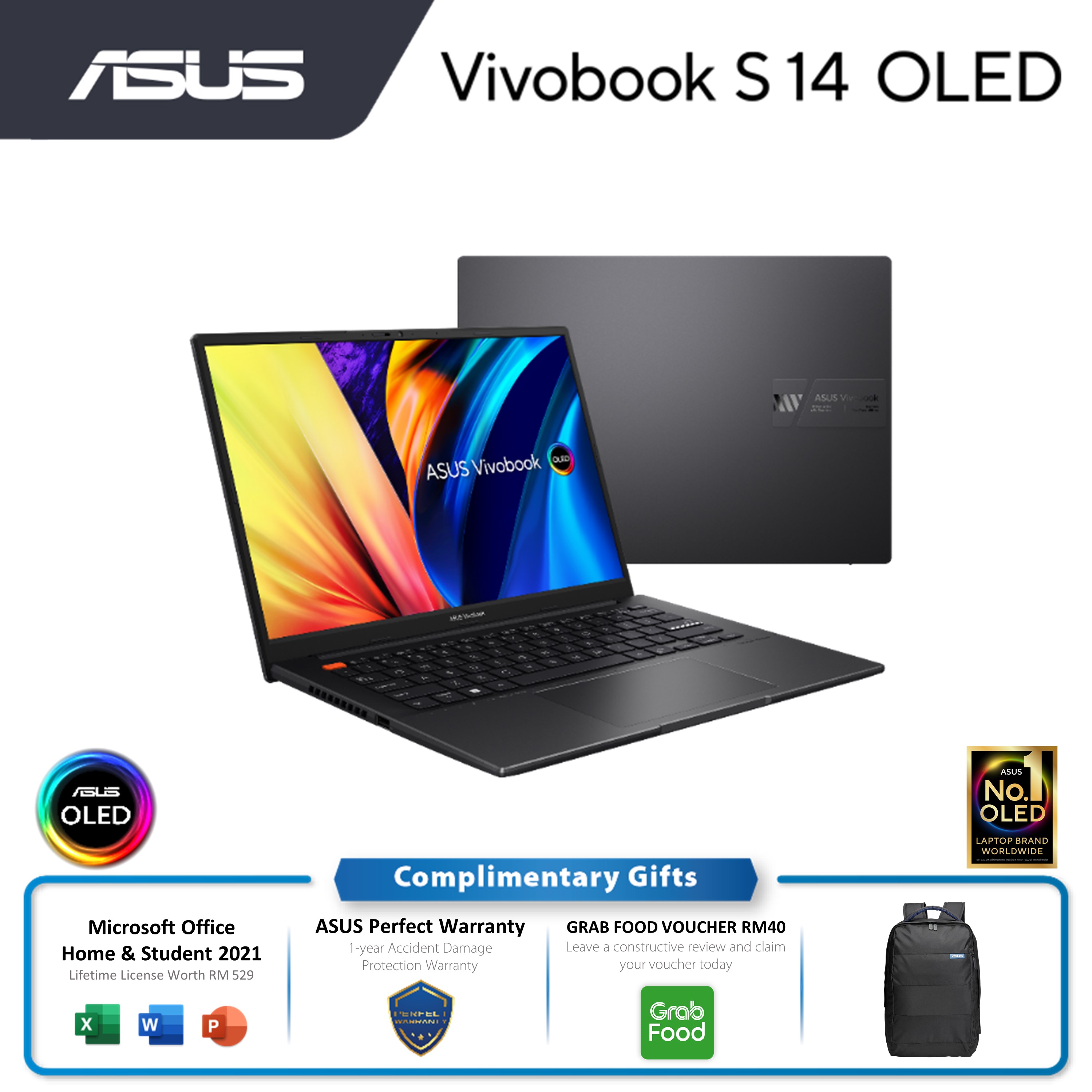 Asus Vivobook S K3402Z-AKM117WS Laptop | i5-12500H | 8GB RAM 512GB SSD | 14'' 2.8K OLED | Intel Iris Xe | MS Office H&S 2021 | Win11 | 2Y Warranty
