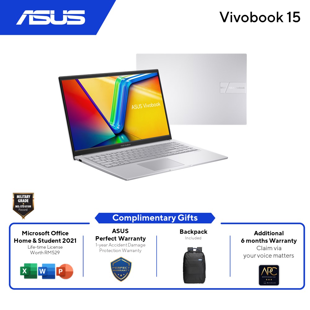 Asus VivoBook A1504V-ABQ353WS Laptop (Silver) | i5-1335U | 8GB RAM 512GB SSD | 15.6''FHD | Intel Iris Xe | MS Office H&S 2021 | Win11 | 2Y Warranty
