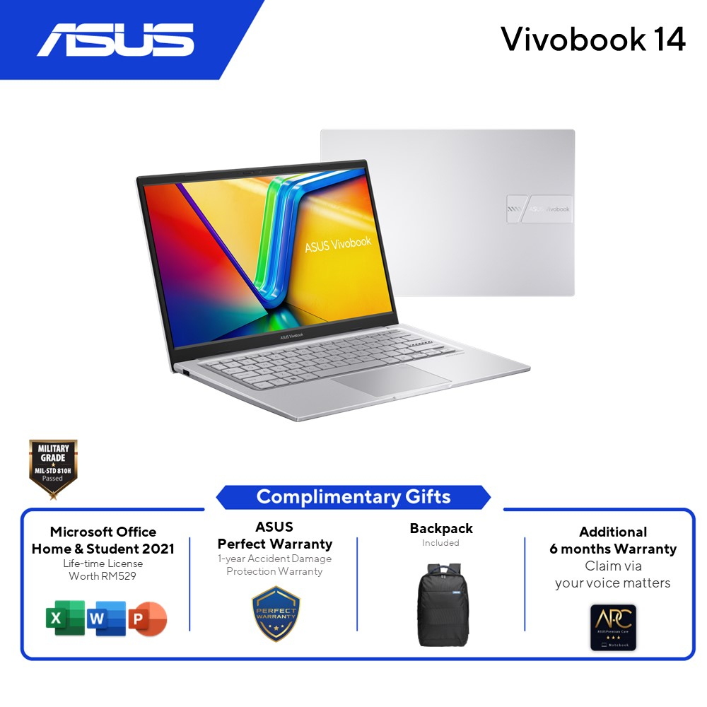 ASUS VivoBook A1404Z-AAM180WS Laptop Transparent Silver | i5-1235U | 8GB RAM 512GB SSD | 14''FHD | Intel Iris Xe | MS Office Home&Student 2021| Win11 | 2Y Warranty