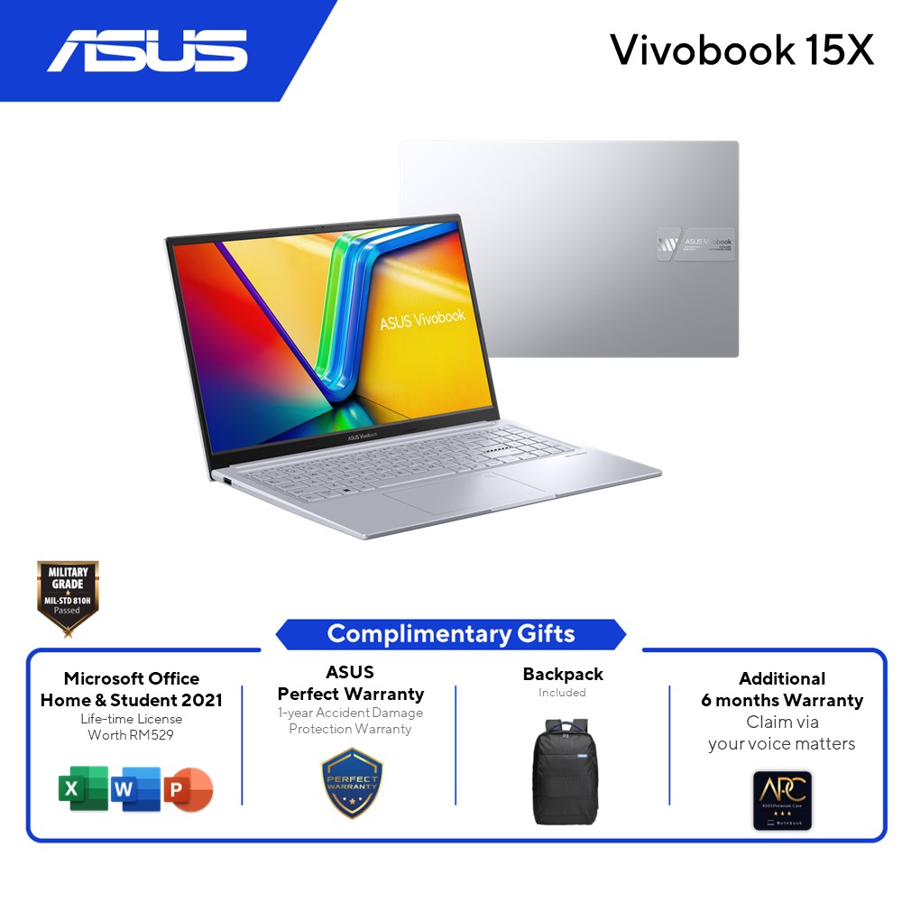 ASUS VivoBook 15X M3504Y-ABQ179WS Laptop Cool Silver | Ryzen 7-7730U | 8GB RAM 1TB SSD | 15.6''FHD | AMD Share | MS Office H&S 2021 | Win11 | 2Y Warranty