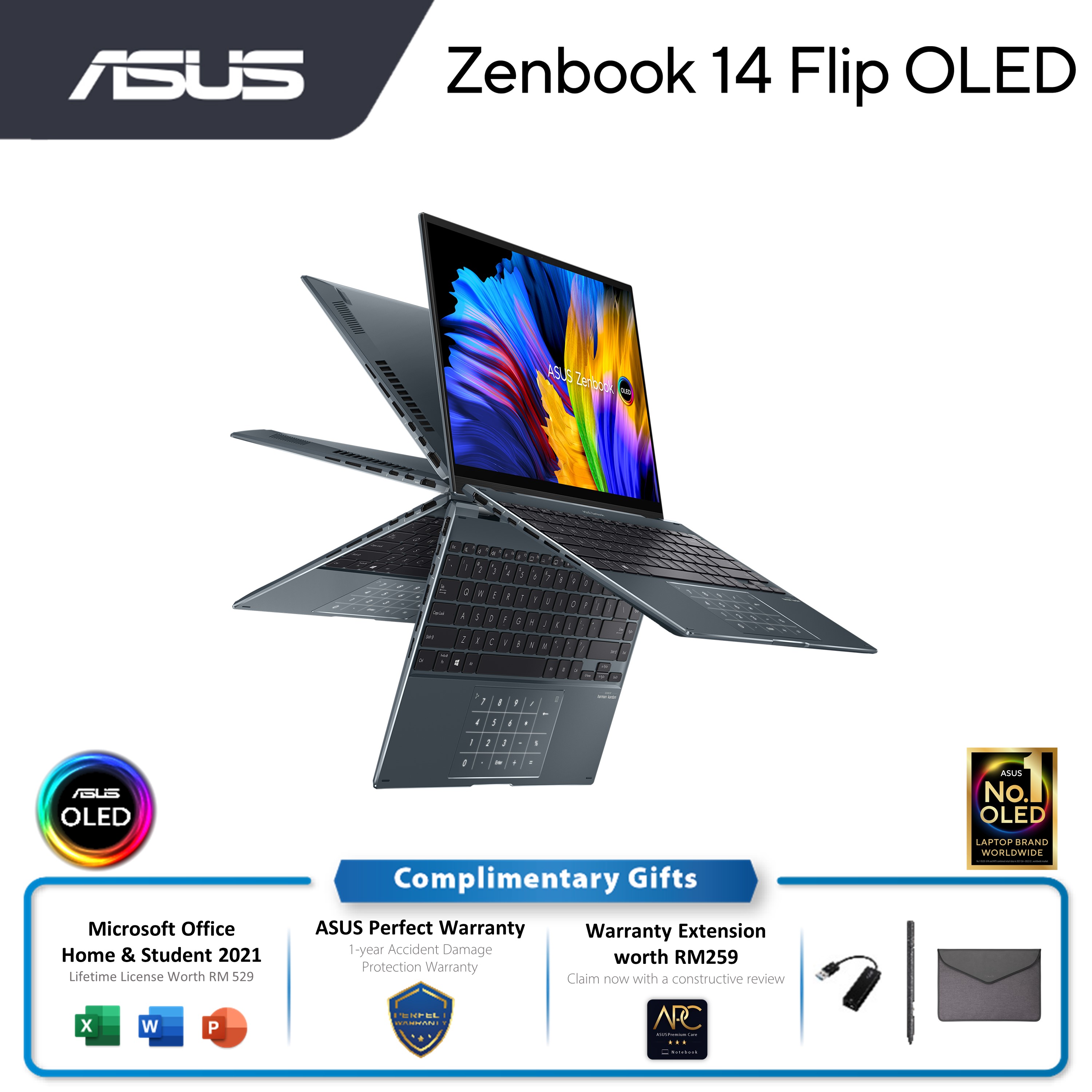 Asus ZenBook Flip UP5401E-AKN142WS 2 in 1 Laptop (Pine Grey) | i7-1165G7 | 16GB RAM 512GB SSD | 14.0" OLED WQXGA+ Touch | Intel Iris Xe | MS Office H&S 2021 | Win11 | 2Y Warranty