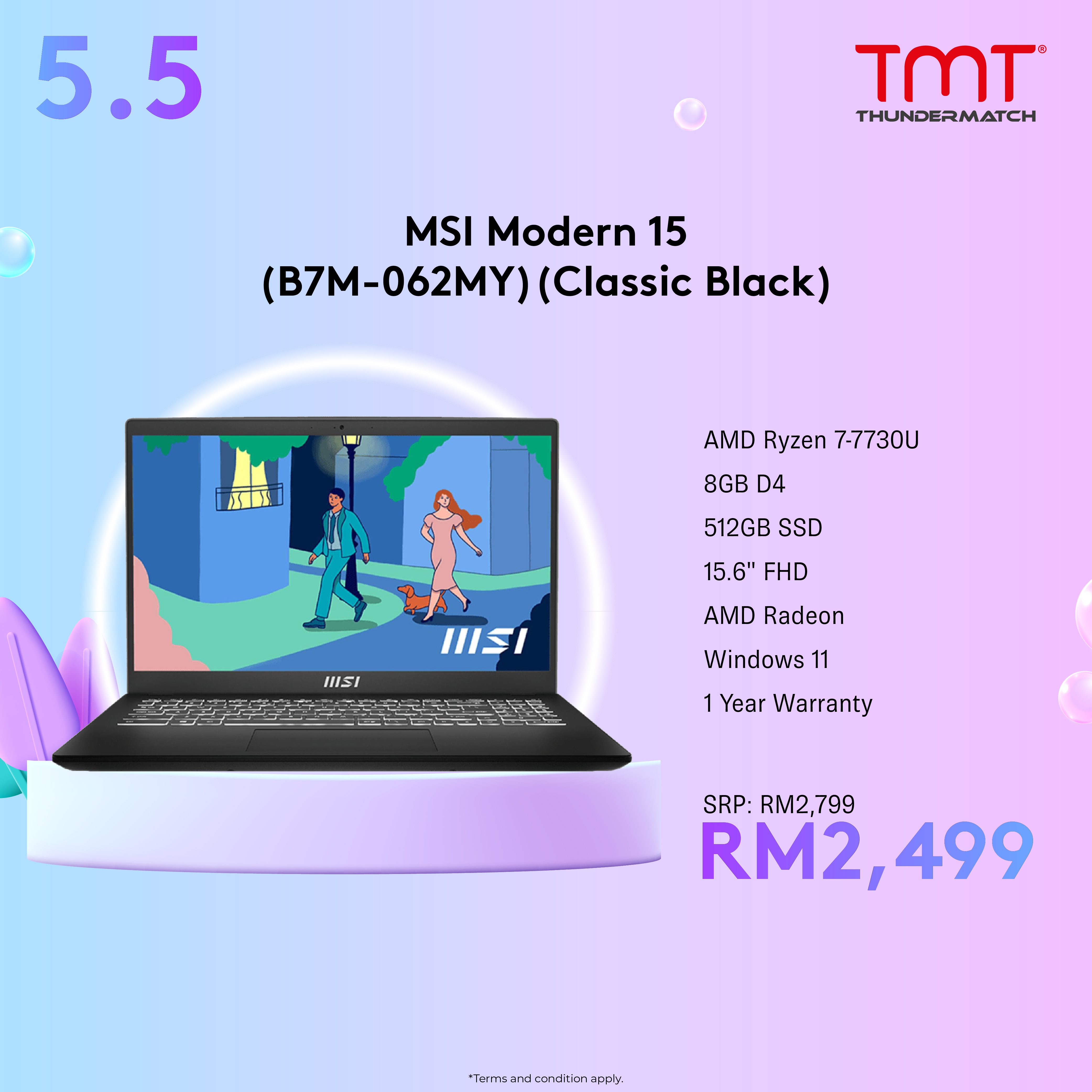 MSI Modern 15 B7M-062MY Laptop (Classic Black) | Ryzen 7 7730U | 8GB RAM 512GB SSD | 15.6"FHD | AMD Radeon Graphics | W11 | 1Y Warranty