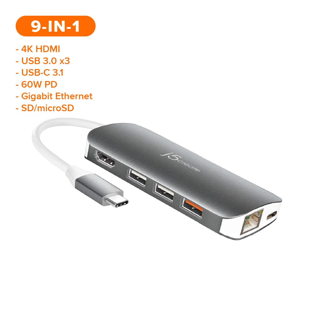 J5create USB-C 9-in-1 4K HDMI™ Multi-Port Hub with PD 100W (JCD383)