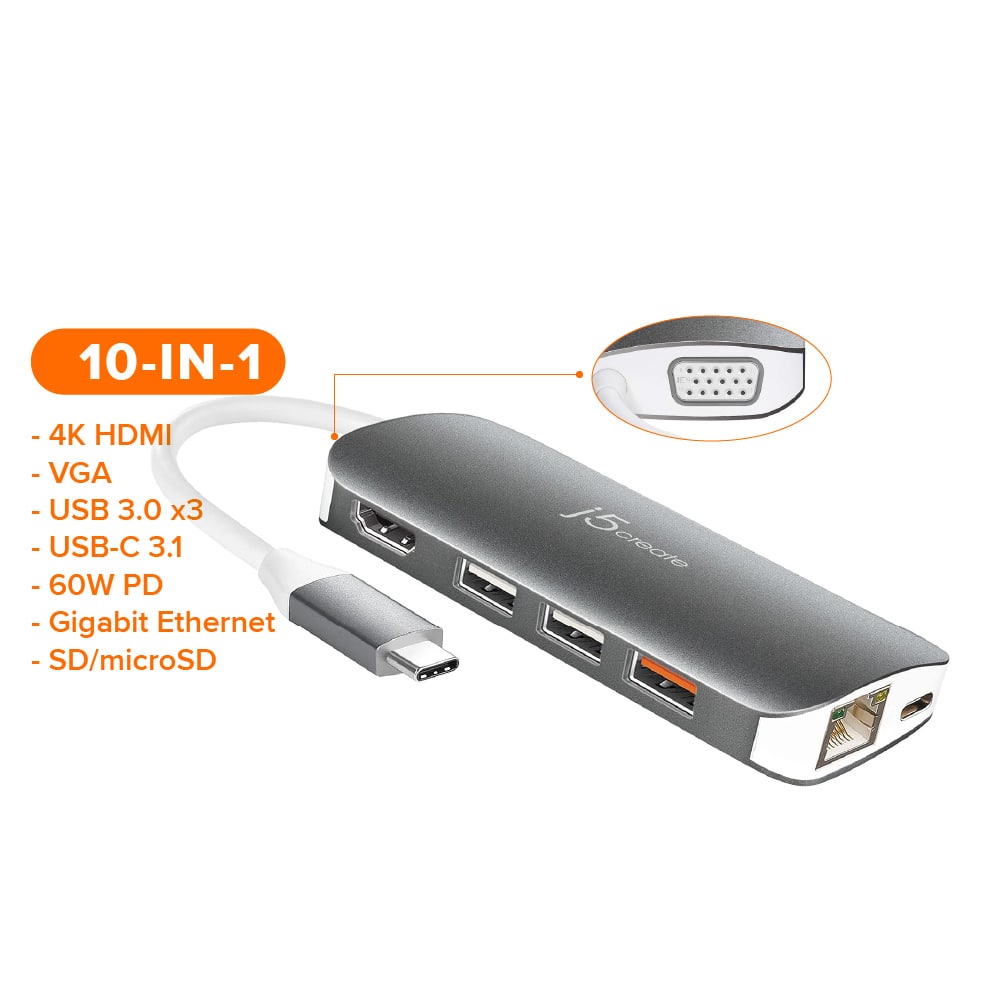 J5create USB-C 10-in-1 4K HDMI™ Multi-Port Hub with VGA PD 100W (JCD384)