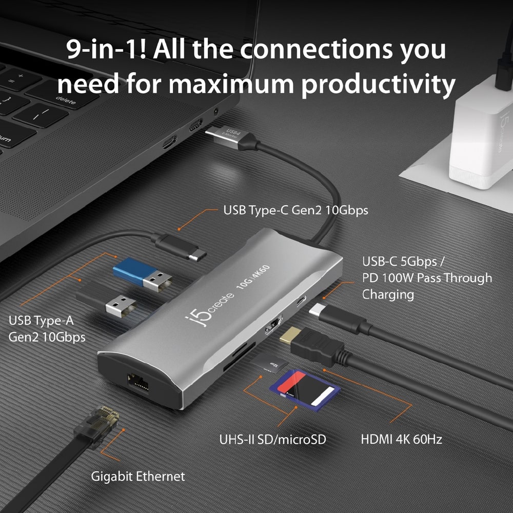J5create USB-C 9-in-1 4K60 HDMI™ 10Gbps Travel Dock (JCD393)
